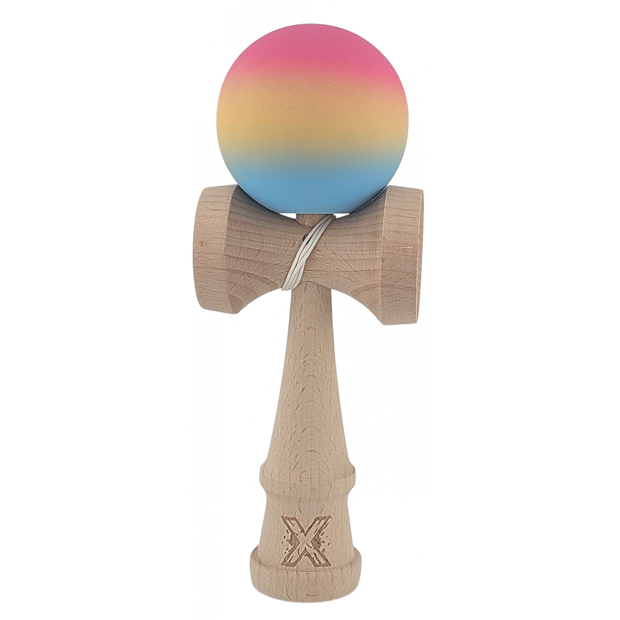Kendama Rubber Grip - Kendama X Originala, Profesionala, Flippy, din Lemn, Rubber Grip, 18 cm, Roz/Galben/Albastru