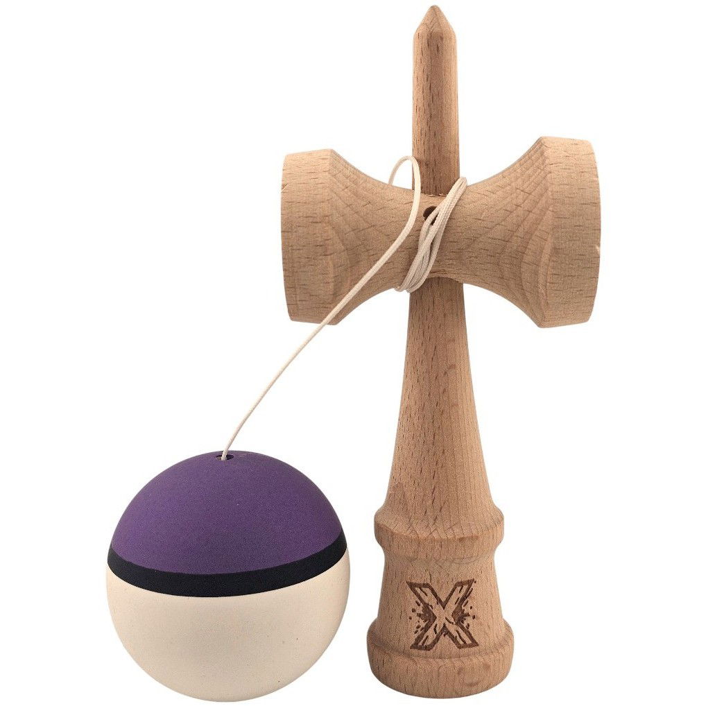 Kendama Rubber Grip - Kendama X Originala, Profesionala, Flippy, din Lemn, Rubber Grip, 18 cm, Mov/Negru/Alb