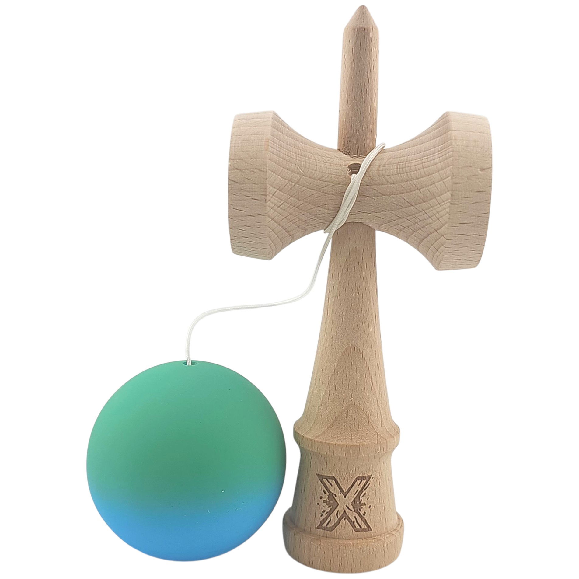 Kendama Rubber Grip - Kendama X Originala, Profesionala, Flippy, din Lemn, Rubber Grip, 18 cm, Verde/Albastru