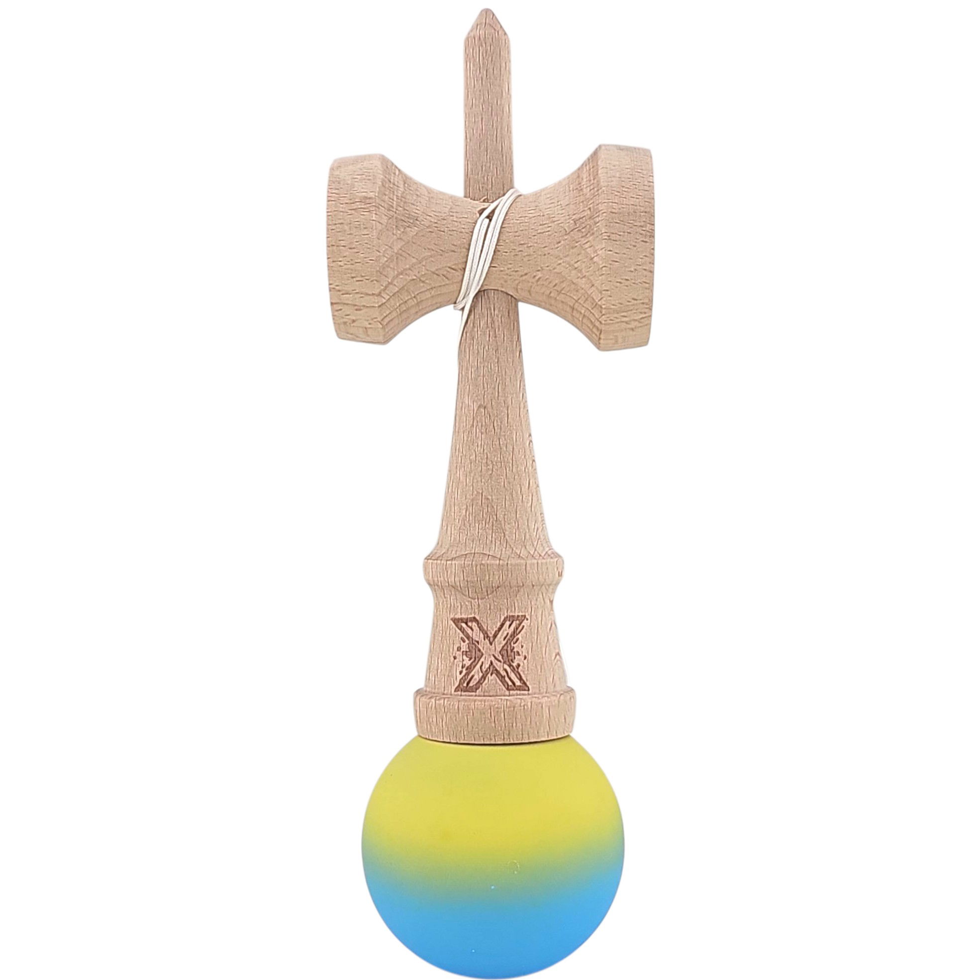 Kendama X Originala, Profesionala, Flippy, 18 cm, Profesionala, +9 Ani, din Lemn, Gradient Galben/Albastru [3]