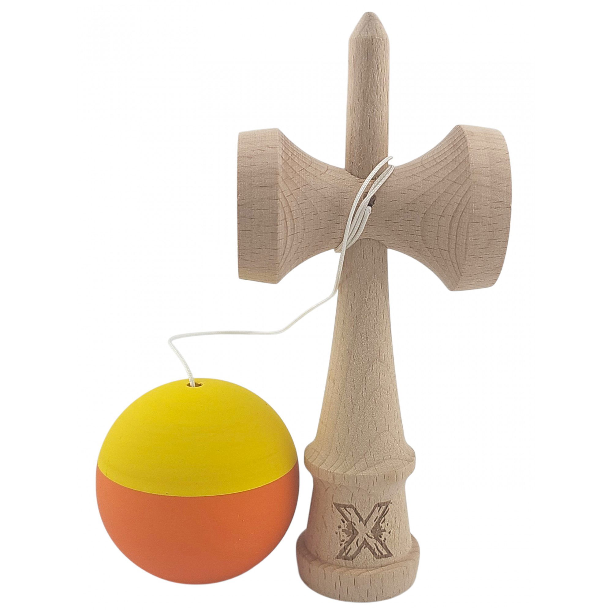 Kendama X Originala, Profesionala, Flippy, din Lemn, Rubber Grip, 18 cm, Galben/Portocaliu [2]