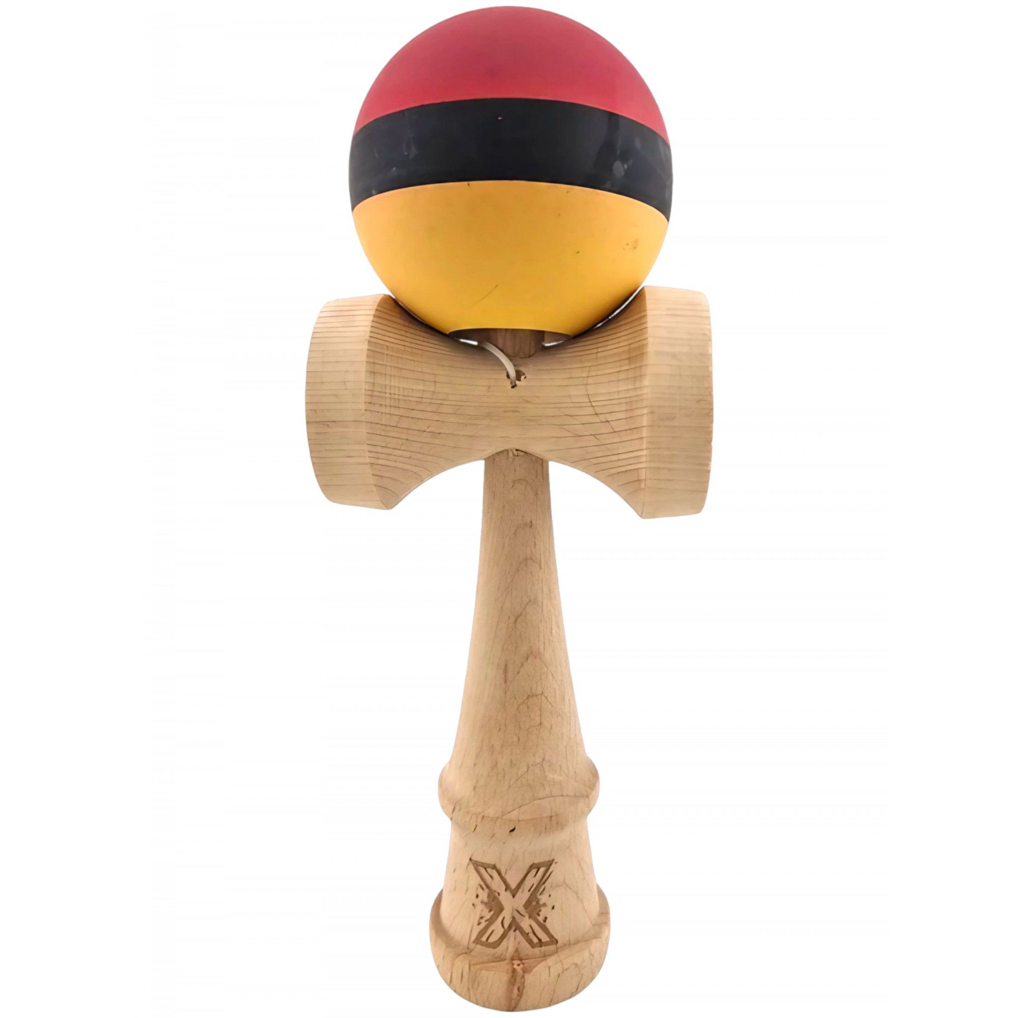 Kendama Rubber Grip - Kendama X Originala, Profesionala, Flippy, din Lemn, Rubber Grip, 18 cm, Rosu/Negru/Galben