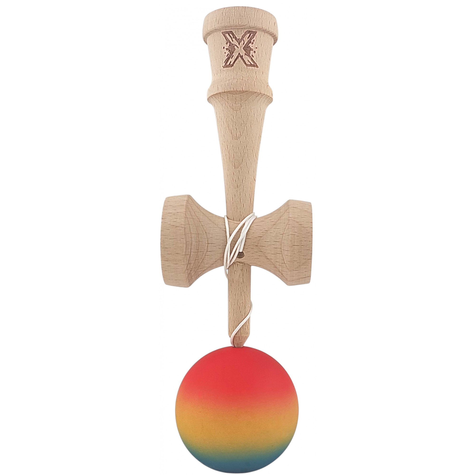 Kendama X Originala, Profesionala, Flippy, din Lemn, Rubber Grip, 18 cm,Rosu/Galben/Albastru [3]