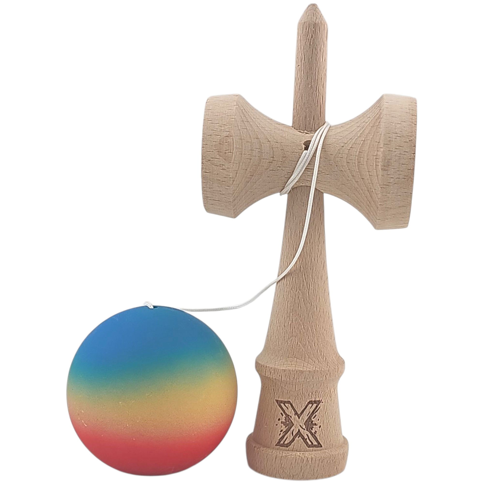 Kendama - Kendama X Originala, Profesionala, Flippy, din Lemn, Rubber Grip, 18 cm, Rosu/Galben/Albastru