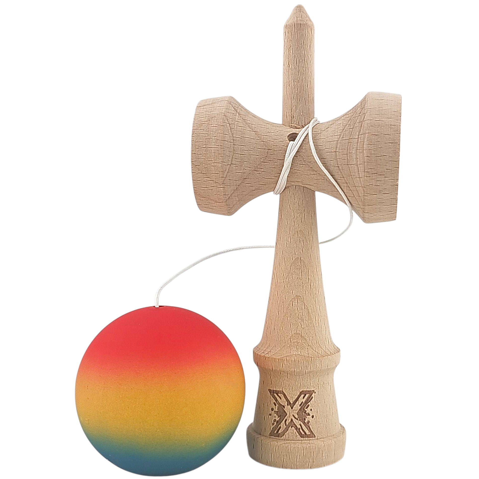 Kendama X Originala, Profesionala, Flippy, din Lemn, Rubber Grip, 18 cm,Rosu/Galben/Albastru [4]