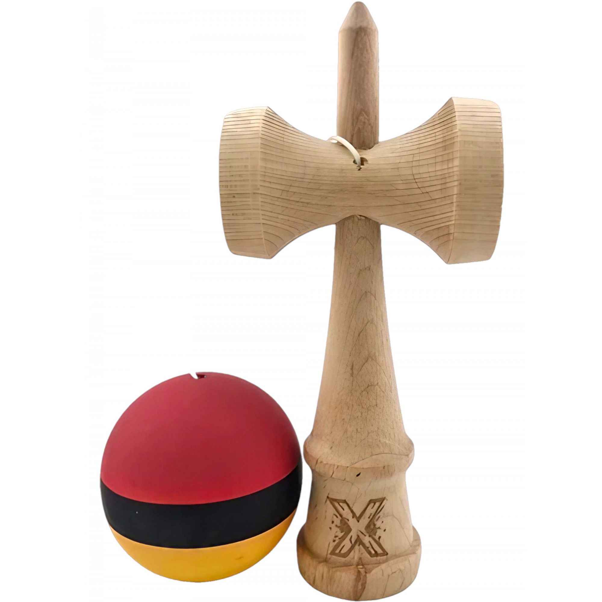 Kendama X Originala, Profesionala, Flippy, din Lemn, Rubber Grip, 18 cm, Rosu/Negru/Galben [4]