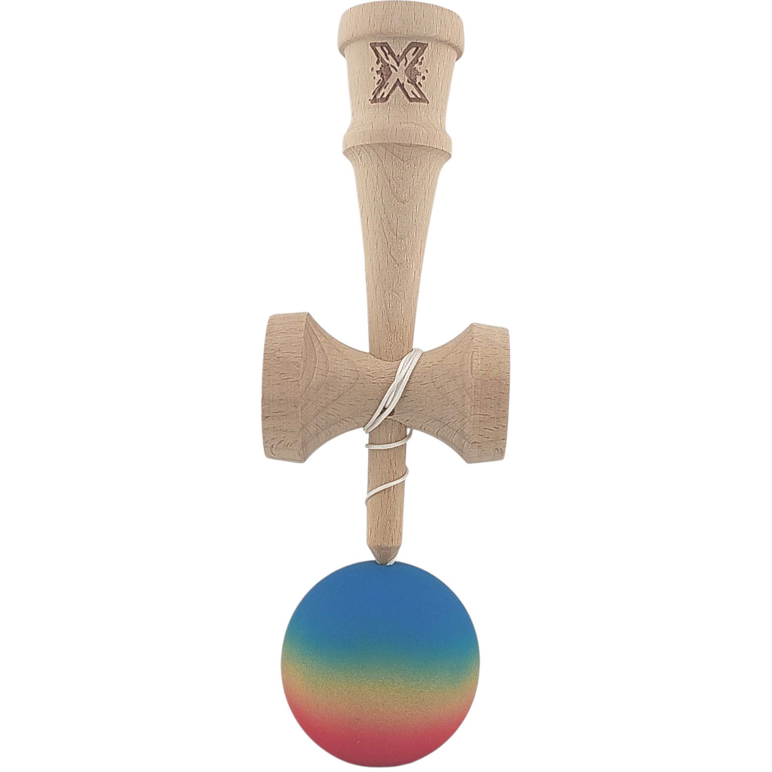 Kendama X Originala, Profesionala, Flippy, din Lemn, Rubber Grip, 18 cm, Gradient Albastru/Galben/Rosu [2]