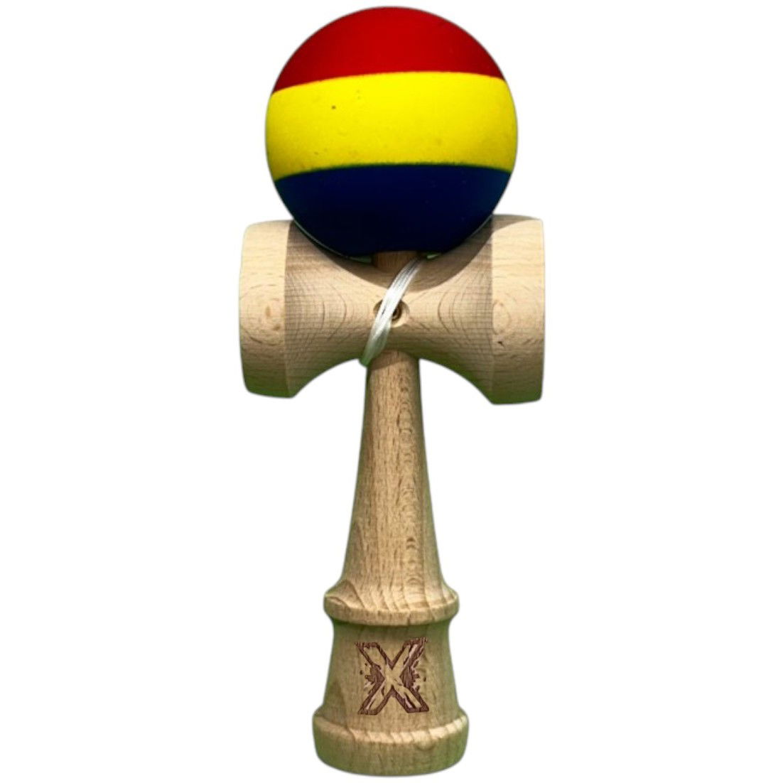 Kendama Rubber Grip - Kendama X Originala, Profesionala, Flippy, din Lemn, Rubber Grip, 18 cm, Rosu/Galben/Albastru