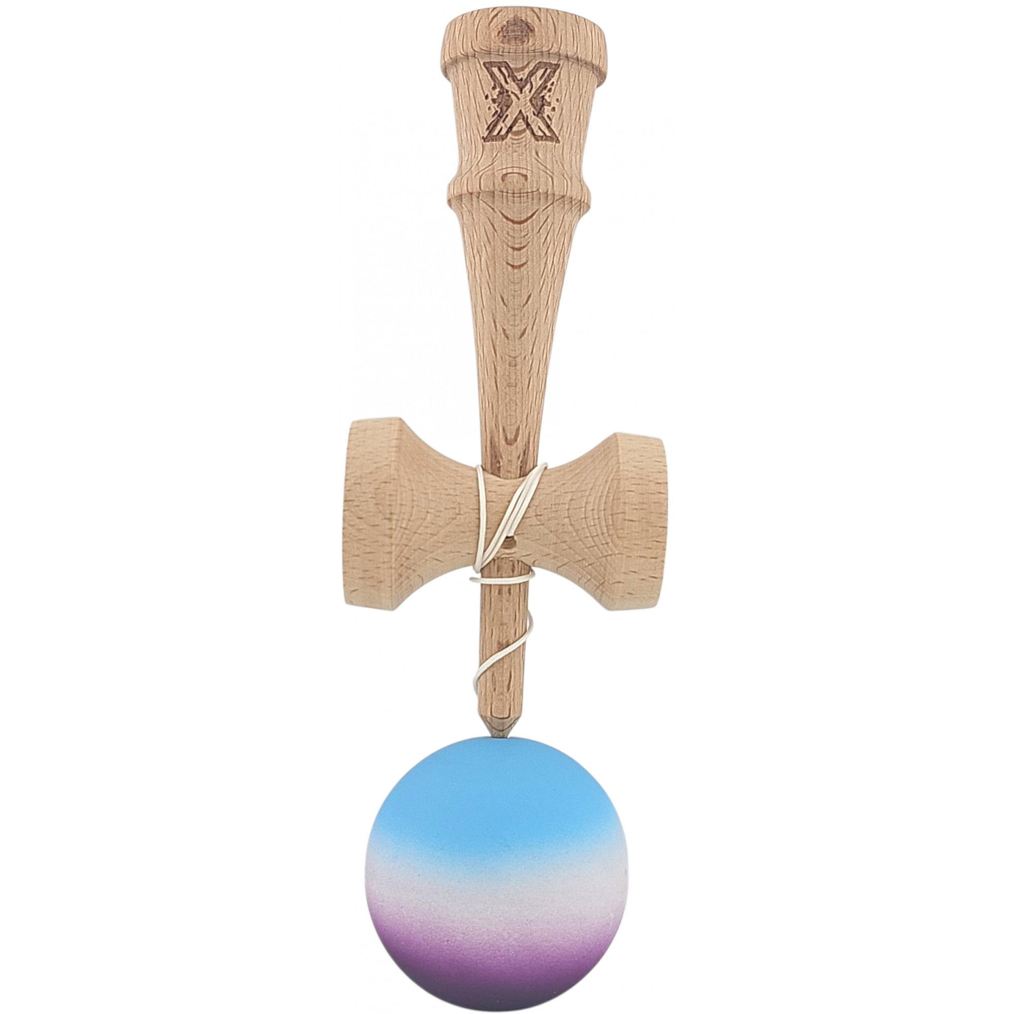 Kendama Rubber Grip - Kendama X Originala, Profesionala, Flippy, din Lemn, Rubber Grip, 18 cm, Albastru/Alb/Violet 