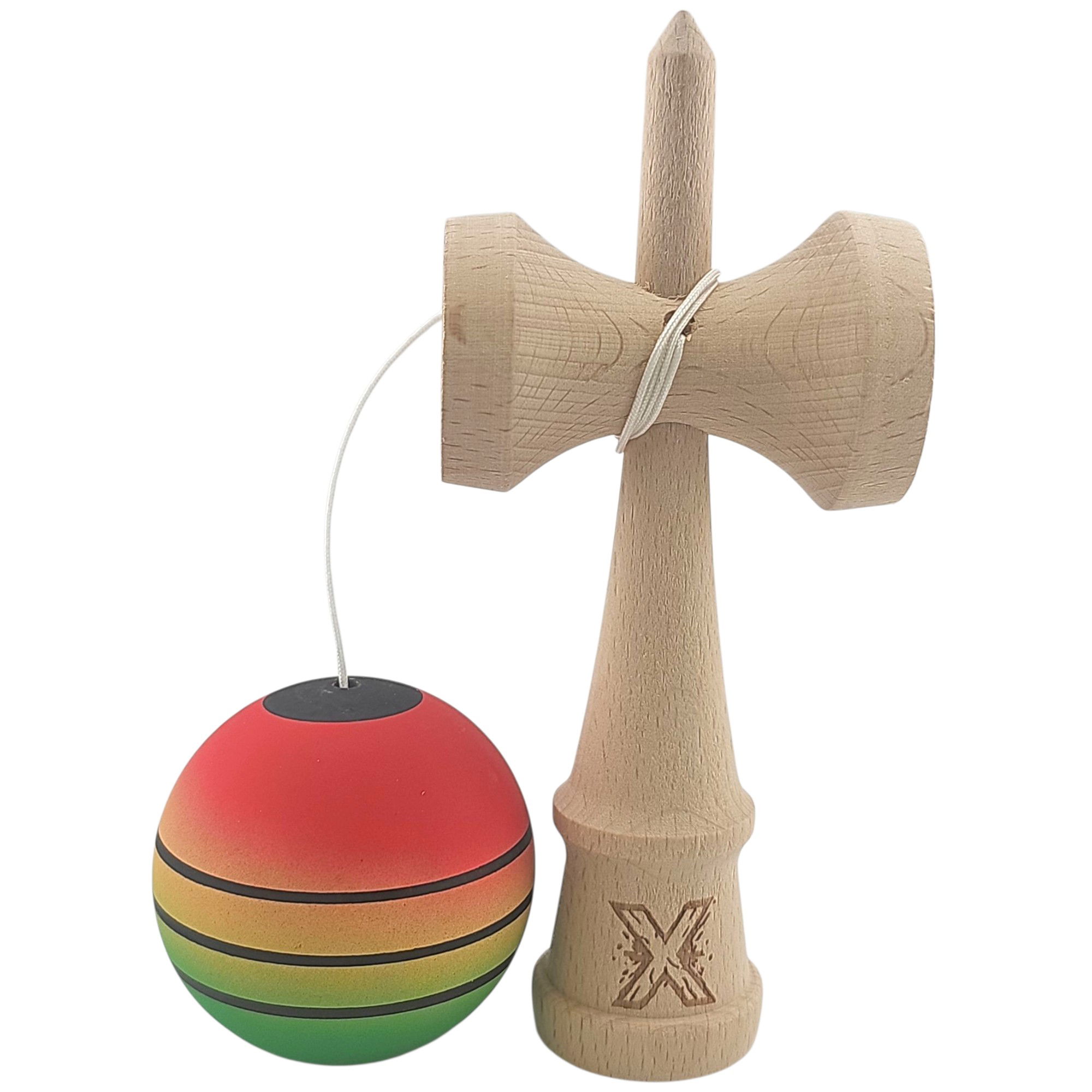 Kendama X Originala, Profesionala, Flippy, din Lemn, Rubber Grip, 18 cm, Rosu/Galben/Verde [3]