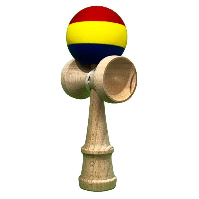 Kendama Rubber Grip - Kendama X Originala, Profesionala, Flippy, din Lemn, Rubber Grip, 18 cm, Rosu/Galben/Albastru