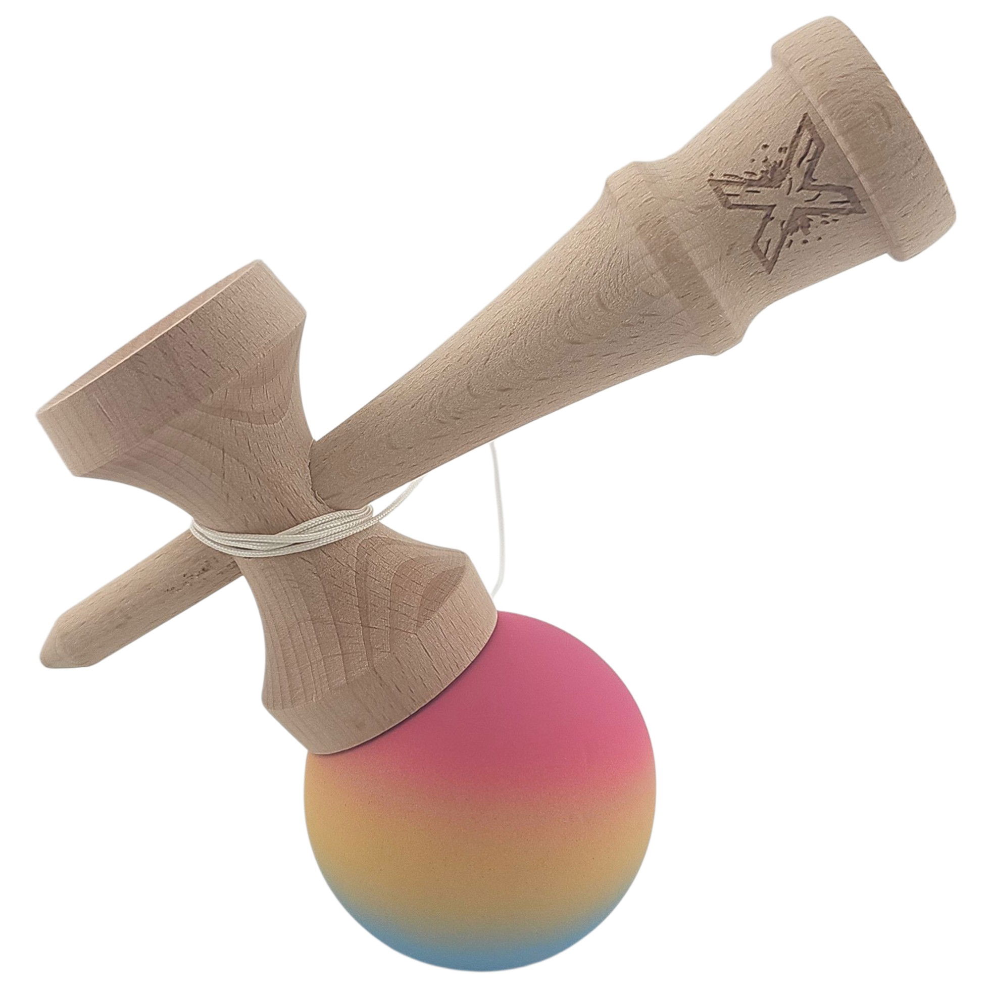 Kendama X Originala, Profesionala, Flippy, din Lemn, Rubber Grip, 18 cm, Roz/Galben/Albastru [3]