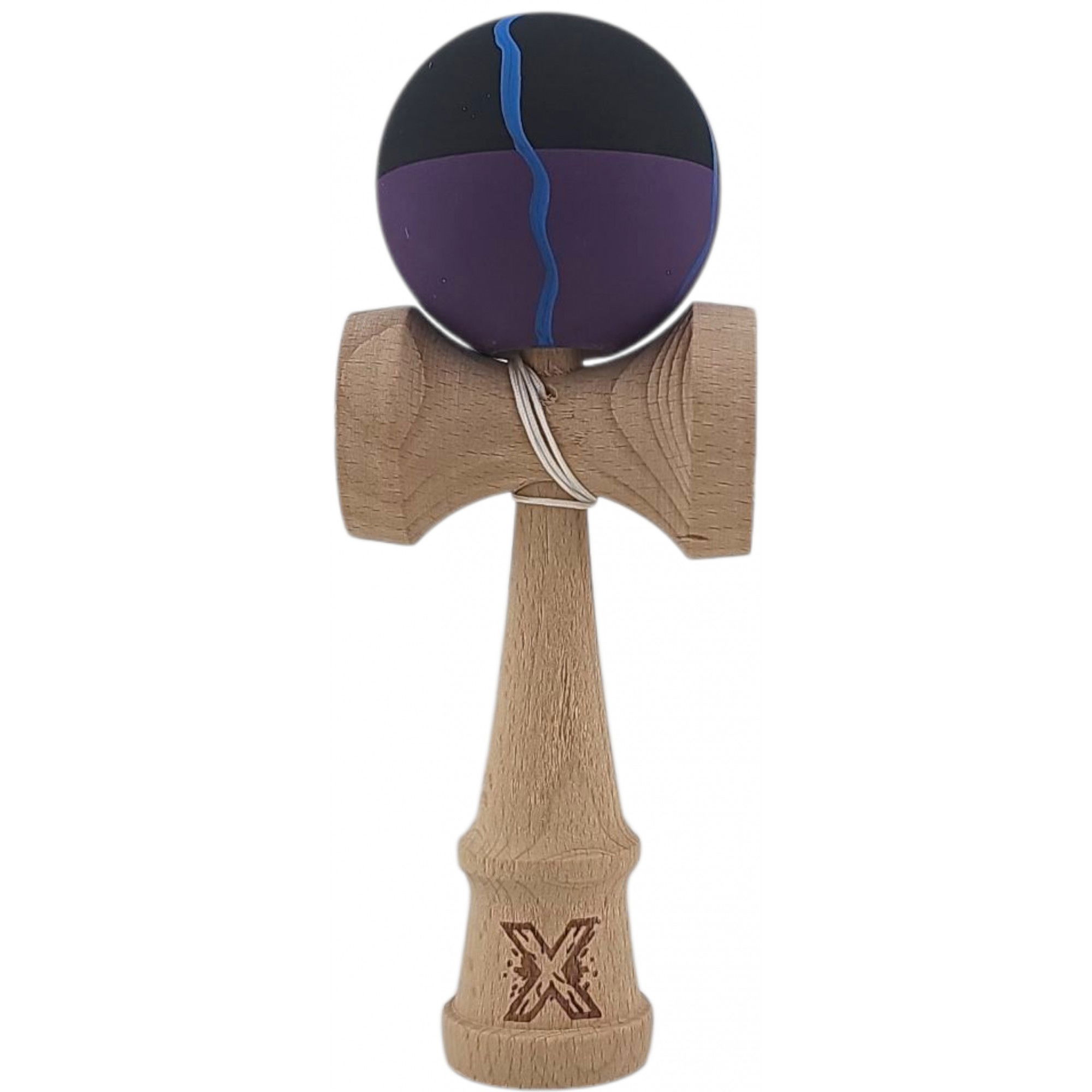 Kendama Rubber Grip - Kendama X Originala, Profesionala, Flippy, din Lemn, Rubber Grip, 18 cm, Negru/Mov/Albastru