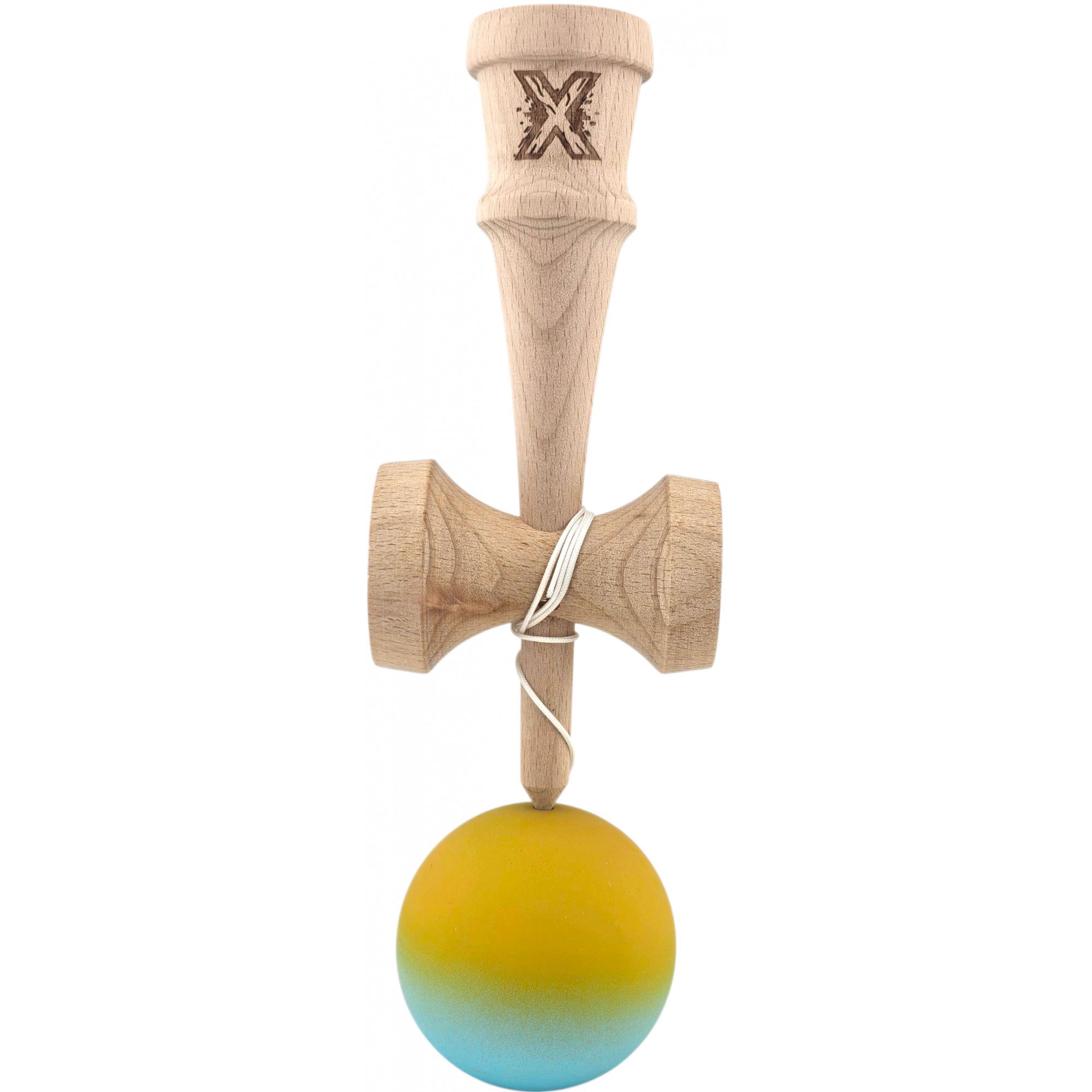 Kendama Rubber Grip - Kendama X Originala, Profesionala, Flippy, din Lemn, Rubber Grip, 18 cm, Galben/Albastru