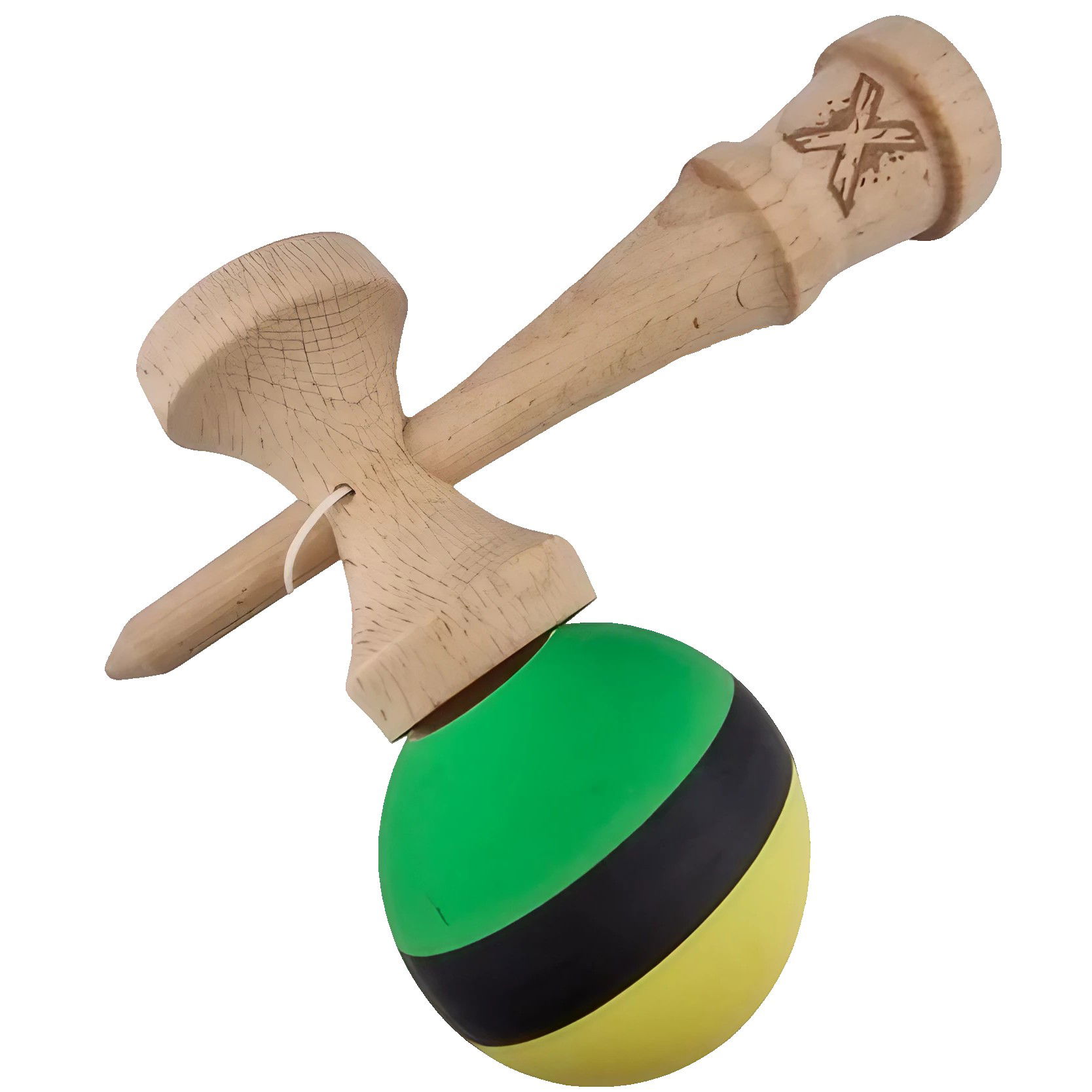 Kendama X Originala, Profesionala, Flippy, din Lemn, Rubber Grip, 18 cm, Galben/Negru/Verde [3]