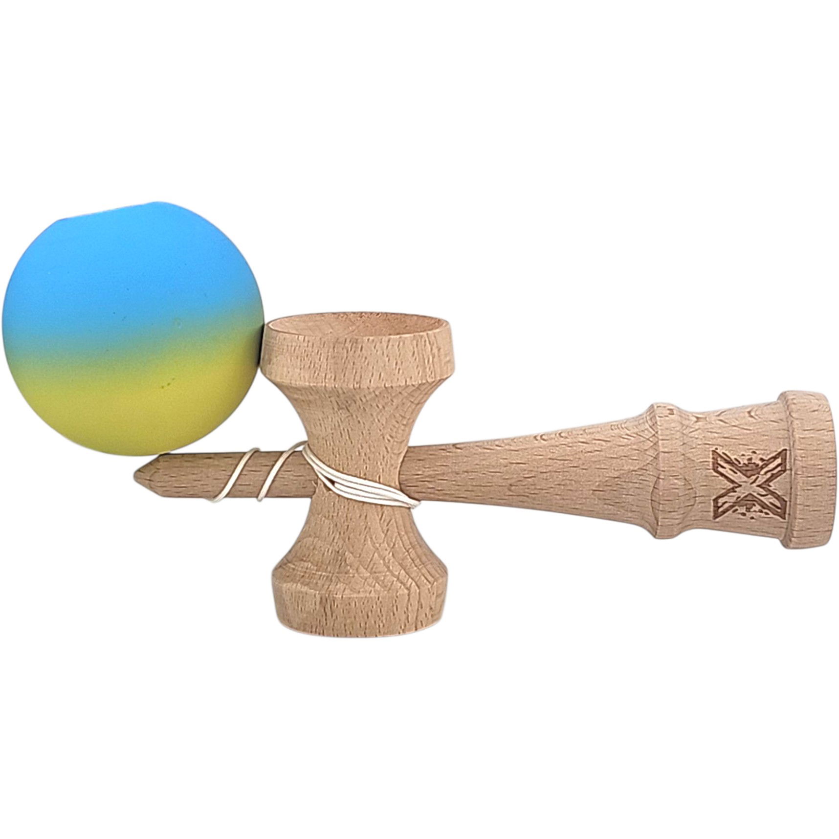 Kendama X Originala, Profesionala, Flippy, 18 cm, Profesionala, +9 Ani, din Lemn, Gradient Galben/Albastru [4]