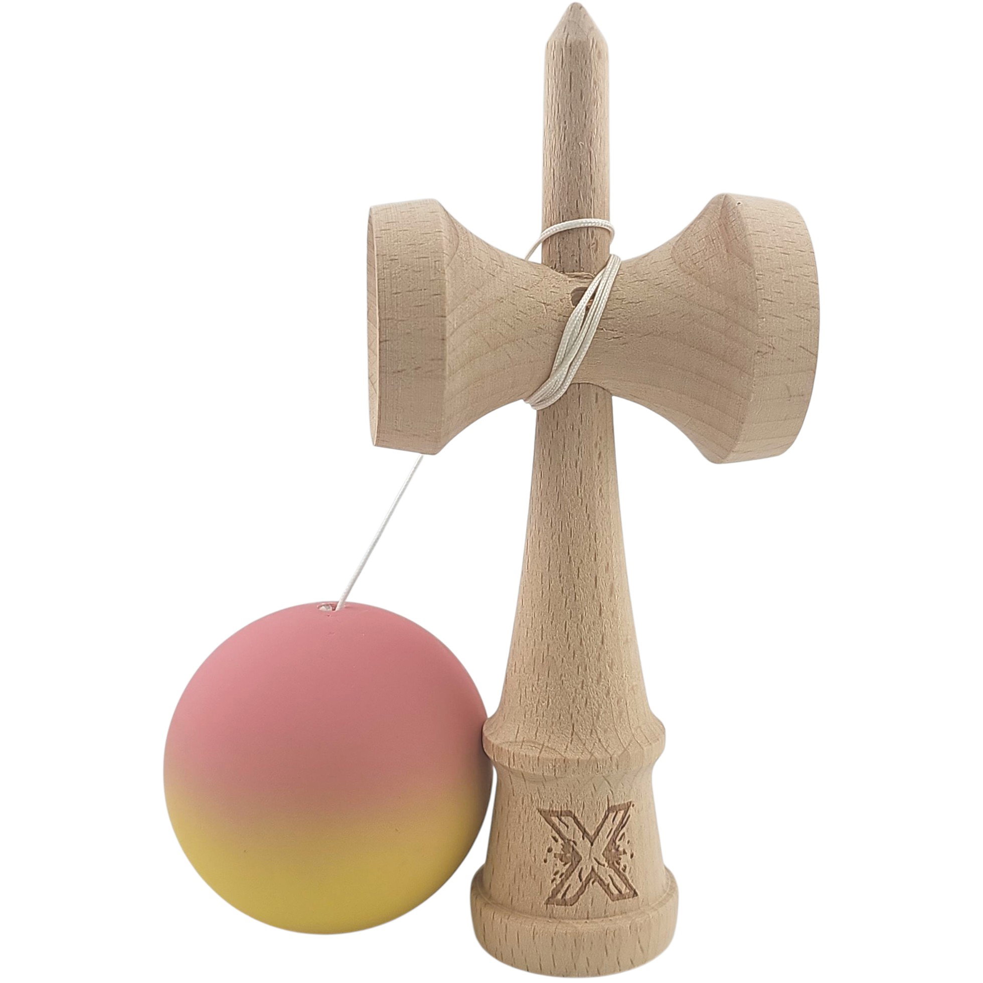 Kendama Rubber Grip - Kendama X Originala, Profesionala, Flippy, din Lemn, Rubber Grip, 18 cm, Roz/Galben