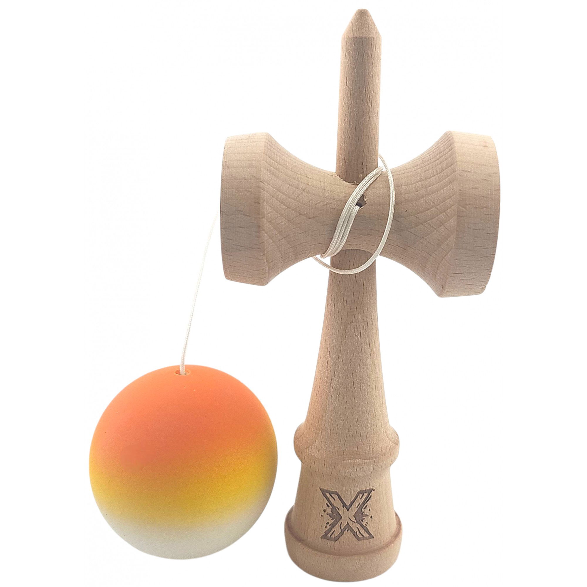 Kendama Rubber Grip - Kendama X Originala, Profesionala, Flippy, din Lemn, Rubber Grip, 18 cm, Gradient Portocaliu/Galben/Alb