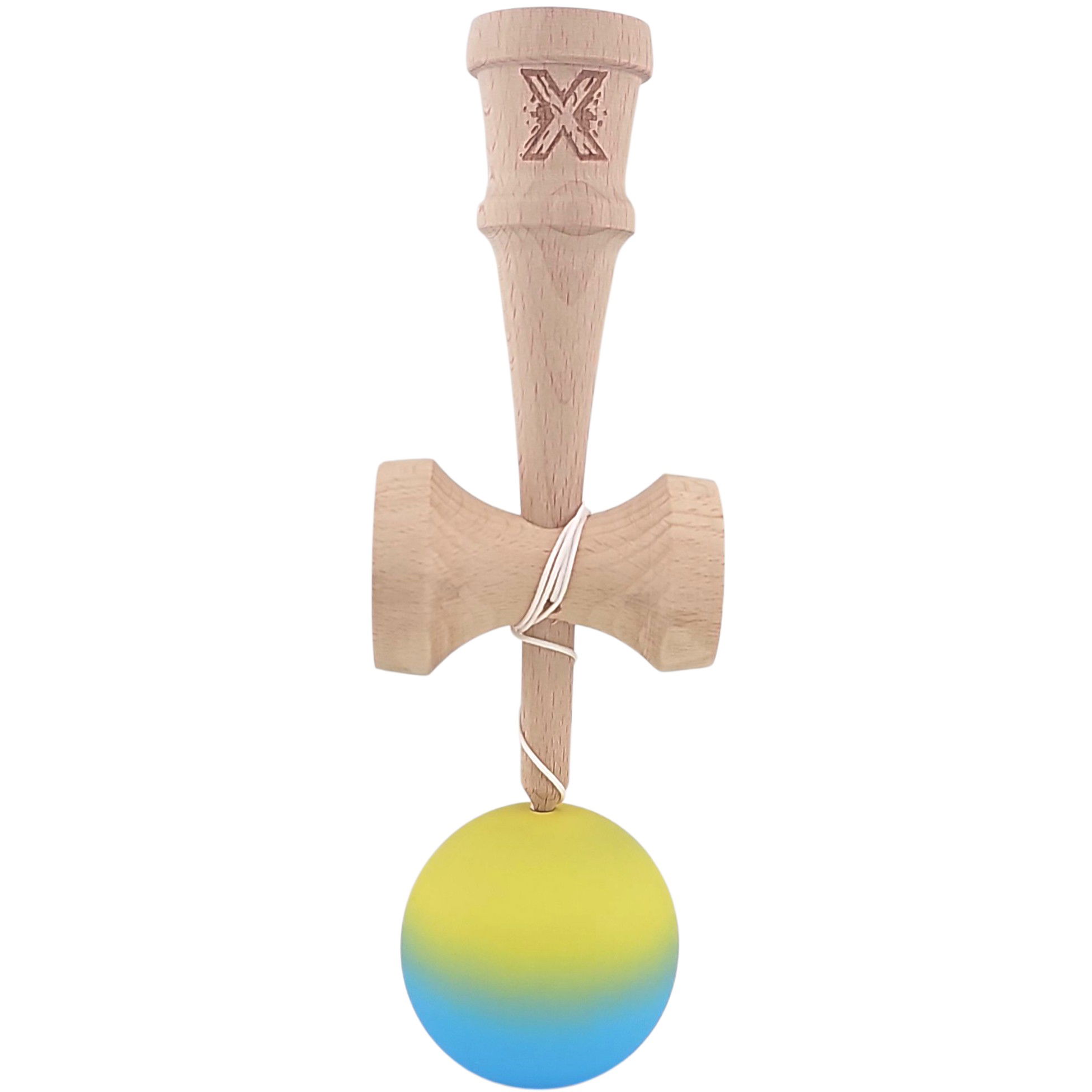 Kendama Rubber Grip - Kendama X Originala, Profesionala, Flippy, 18 cm, Profesionala, +9 Ani, din Lemn, Gradient Galben/Albastru