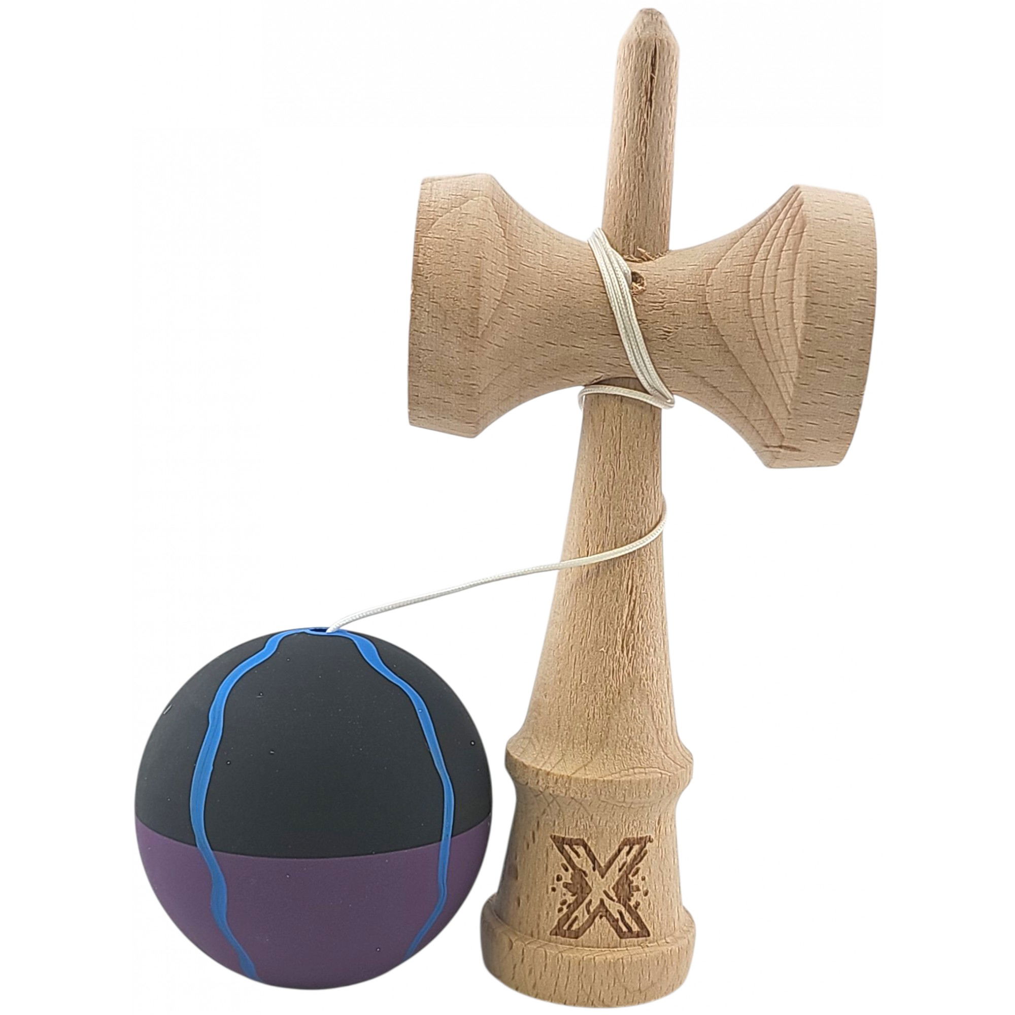 Kendama X Originala, Profesionala, Flippy, din Lemn, Rubber Grip, 18 cm, Negru/Mov/Albastru [3]