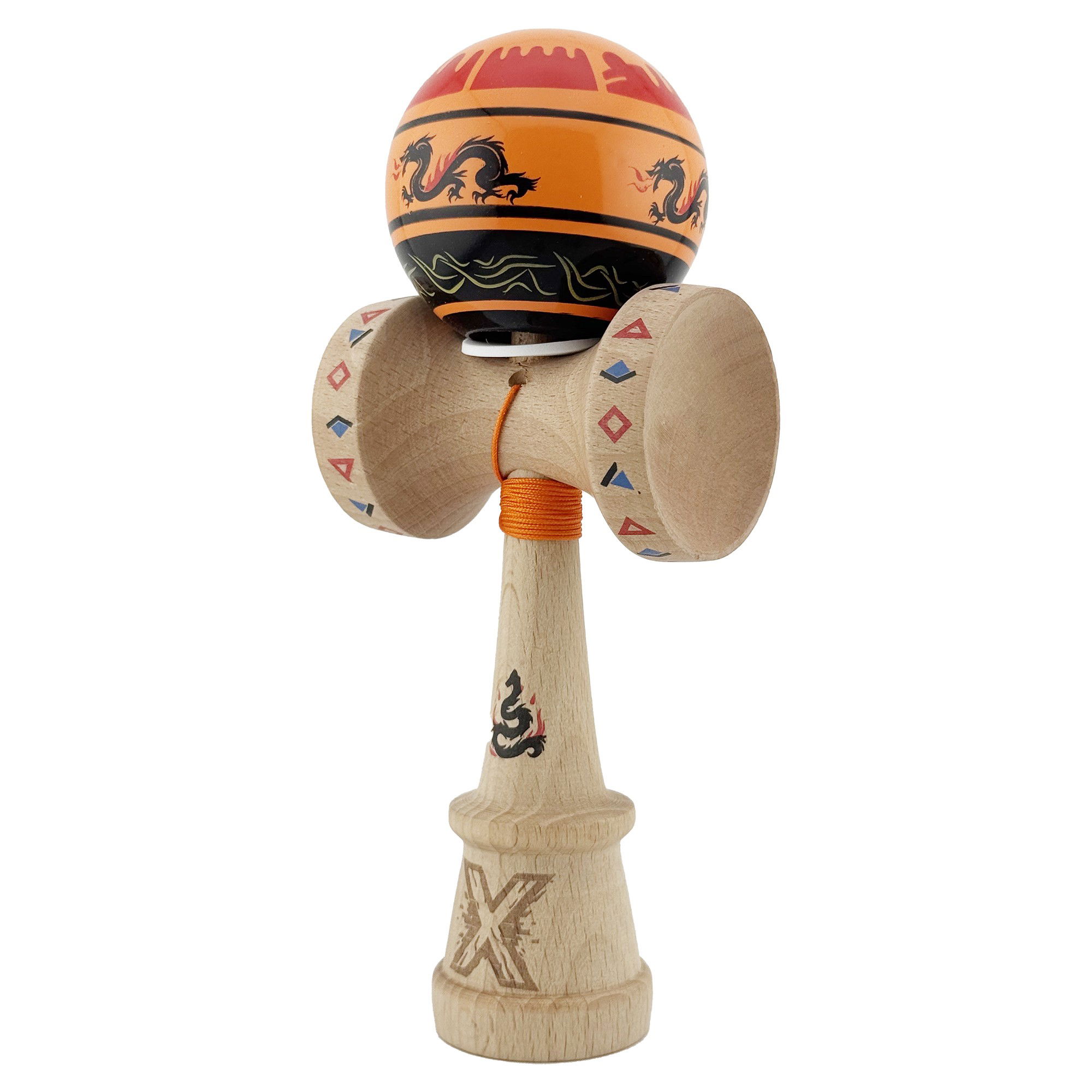 Kendama X Originala, Profesionala, Flippy, DRAGON Series, Super Sticky cu Cupe Mari King Size V3, Rulment Metalic si Gaura in Baza, din Lemn 18 cm, Ata 62/65 cm, Portocaliu/Negru [3]