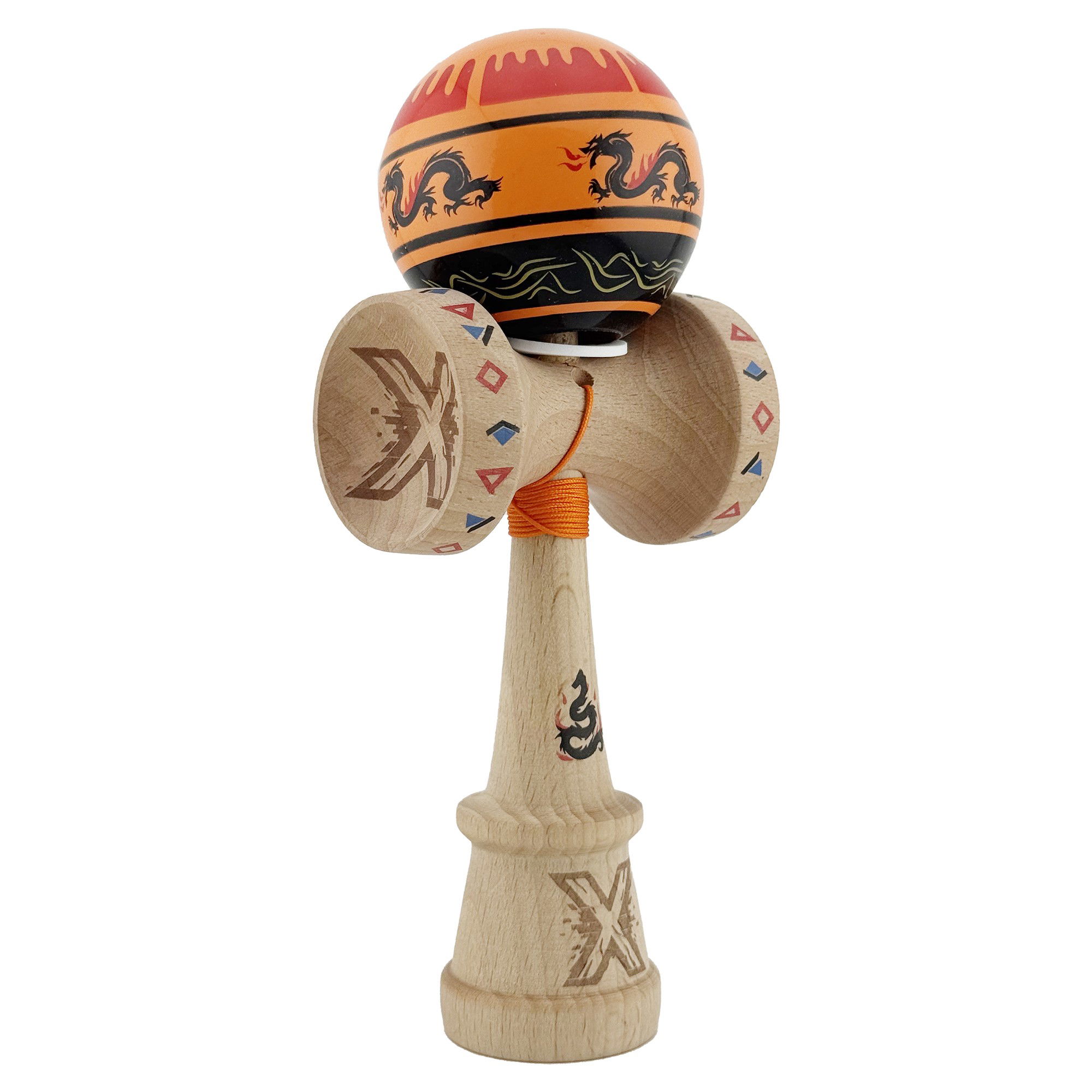 Kendama Dragon V3 Cupe Mari - Kendama X Originala, Profesionala, Flippy, DRAGON Series, Super Sticky cu Cupe Mari King Size V3, Rulment Metalic si Gaura in Baza, din Lemn 18 cm, Ata 62/65 cm, Portocaliu/Negru