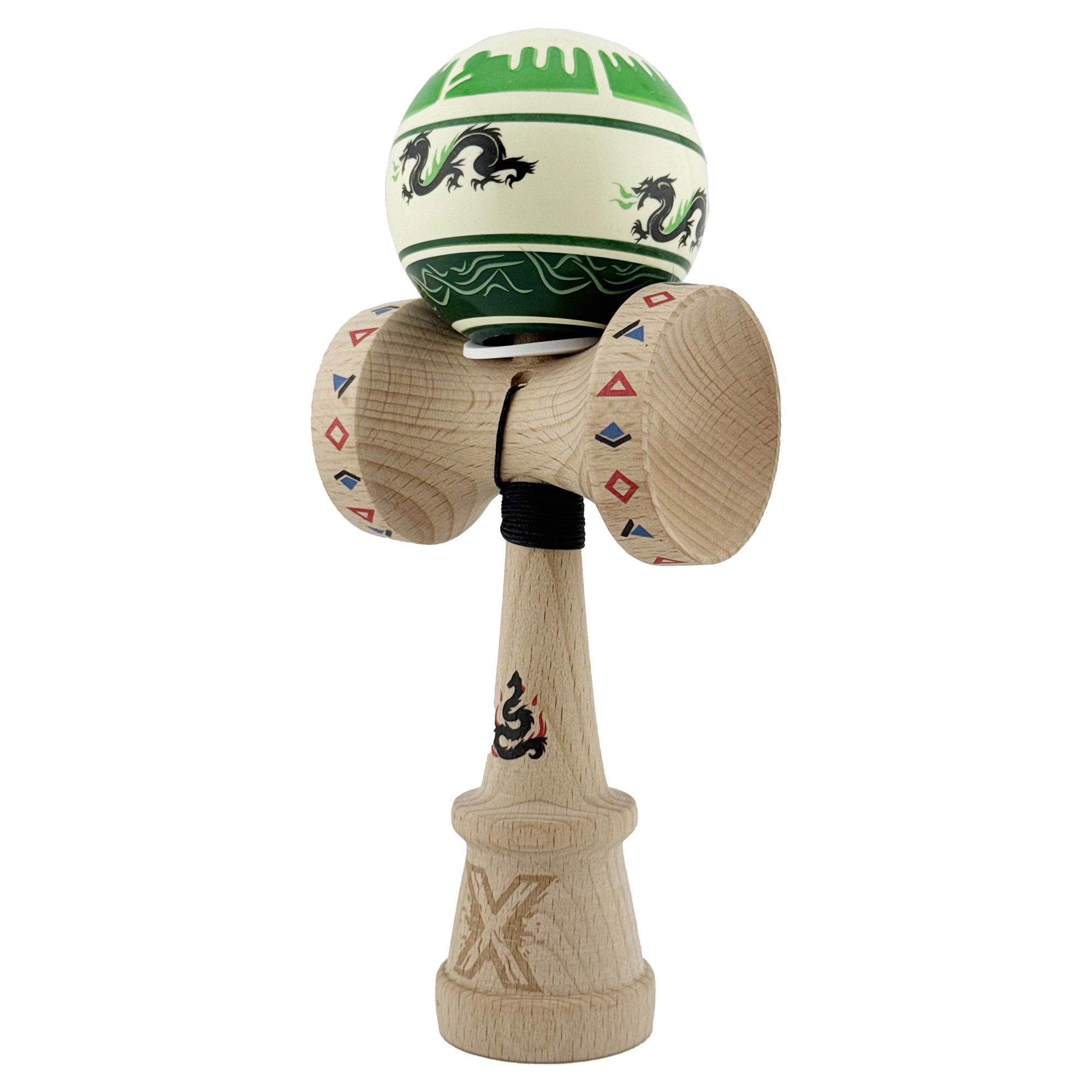 Kendama X Originala, Profesionala, Flippy, DRAGON Series, Super Sticky cu Cupe Mari King Size V3, Rulment Metalic si Gaura in Baza, din Lemn 18 cm, Ata 62/65 cm, Verde deschis/Negru [3]
