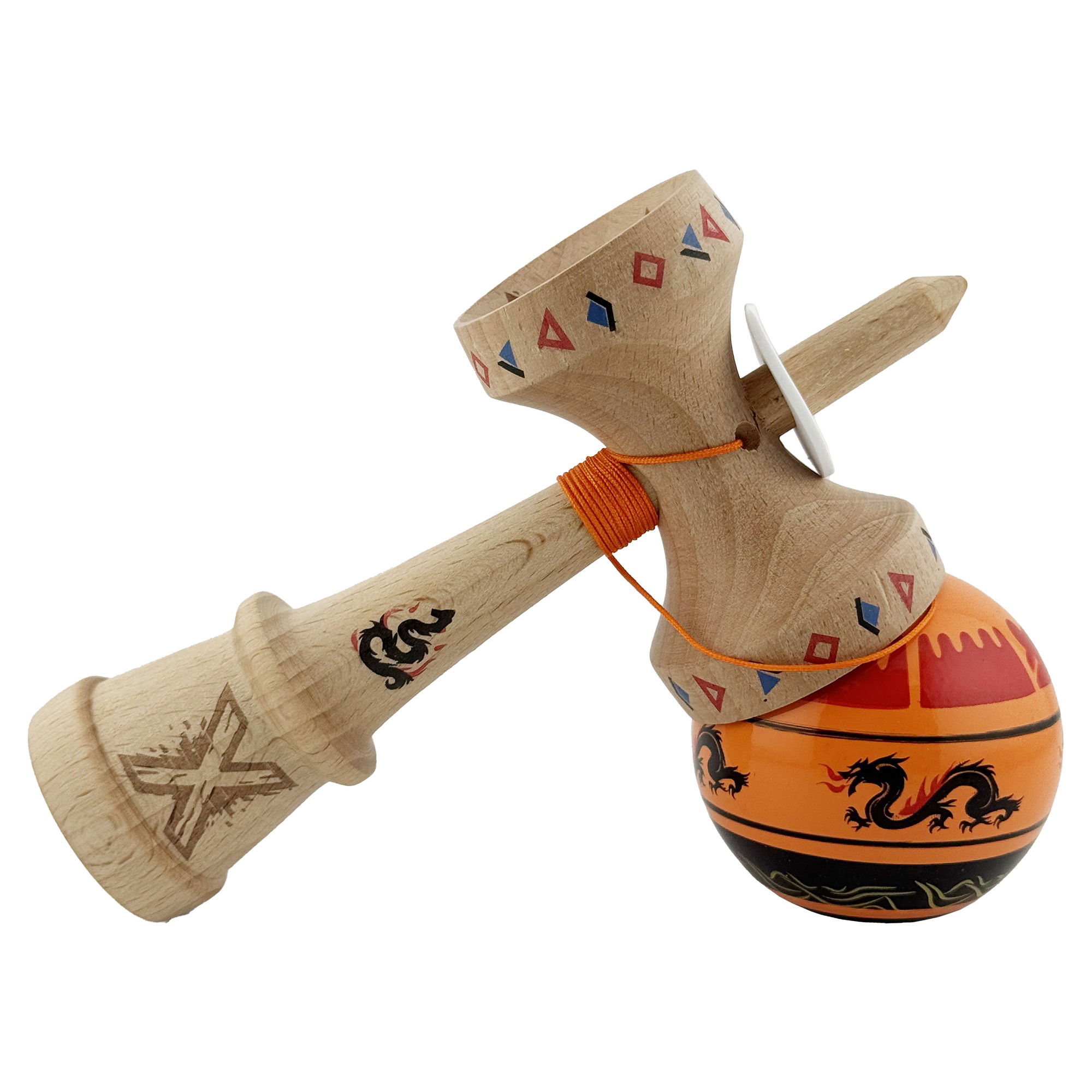Kendama X Originala, Profesionala, Flippy, DRAGON Series, Super Sticky cu Cupe Mari King Size V3, Rulment Metalic si Gaura in Baza, din Lemn 18 cm, Ata 62/65 cm, Portocaliu/Negru [5]