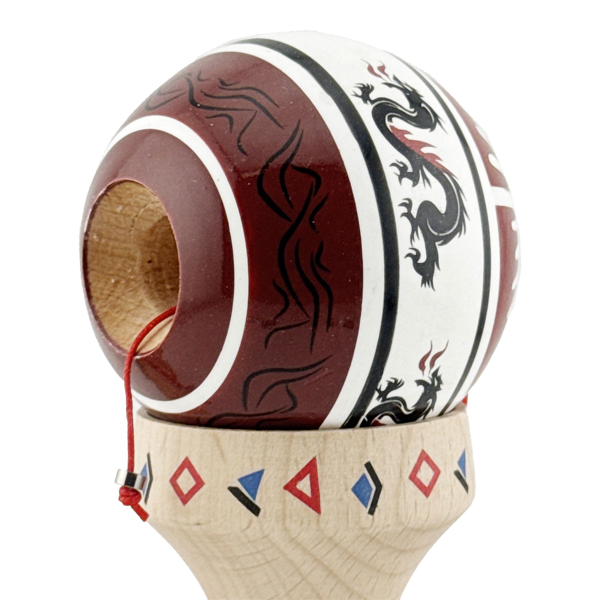 Kendama X Originala, Profesionala, Flippy, DRAGON Series, Super Sticky cu Cupe Mari King Size V3, Rulment Metalic si Gaura in Baza, din Lemn 18 cm, Ata 62/65 cm, Alb/Rosu inchis [7]