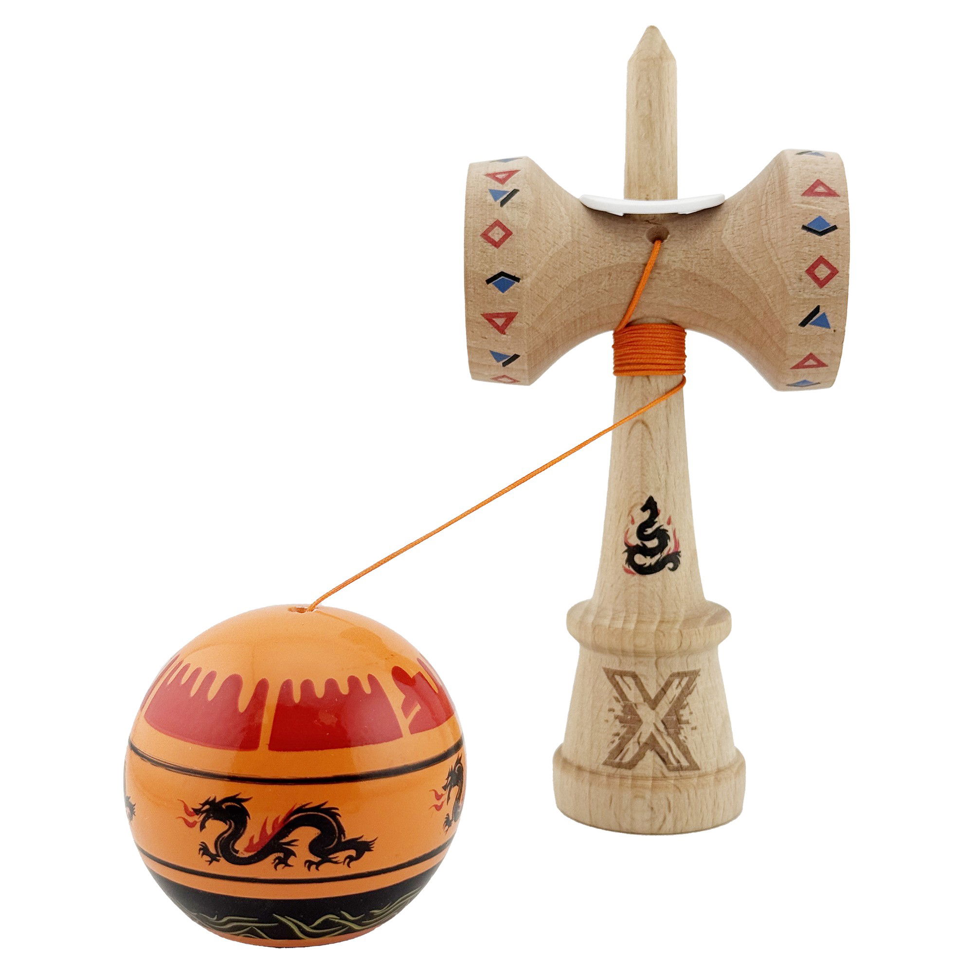 Kendama X Originala, Profesionala, Flippy, DRAGON Series, Super Sticky cu Cupe Mari King Size V3, Rulment Metalic si Gaura in Baza, din Lemn 18 cm, Ata 62/65 cm, Portocaliu/Negru [4]