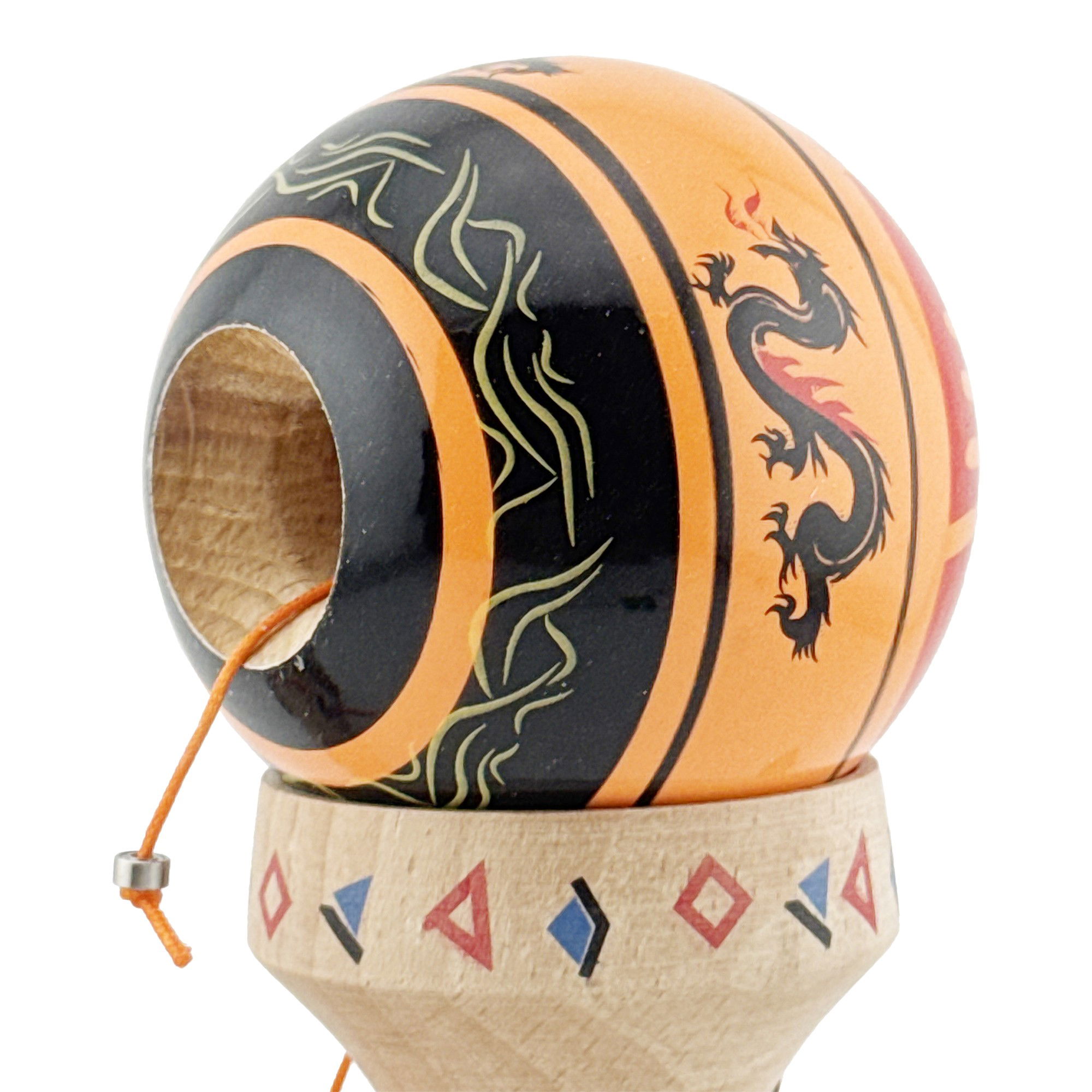 Kendama X Originala, Profesionala, Flippy, DRAGON Series, Super Sticky cu Cupe Mari King Size V3, Rulment Metalic si Gaura in Baza, din Lemn 18 cm, Ata 62/65 cm, Portocaliu/Negru [7]
