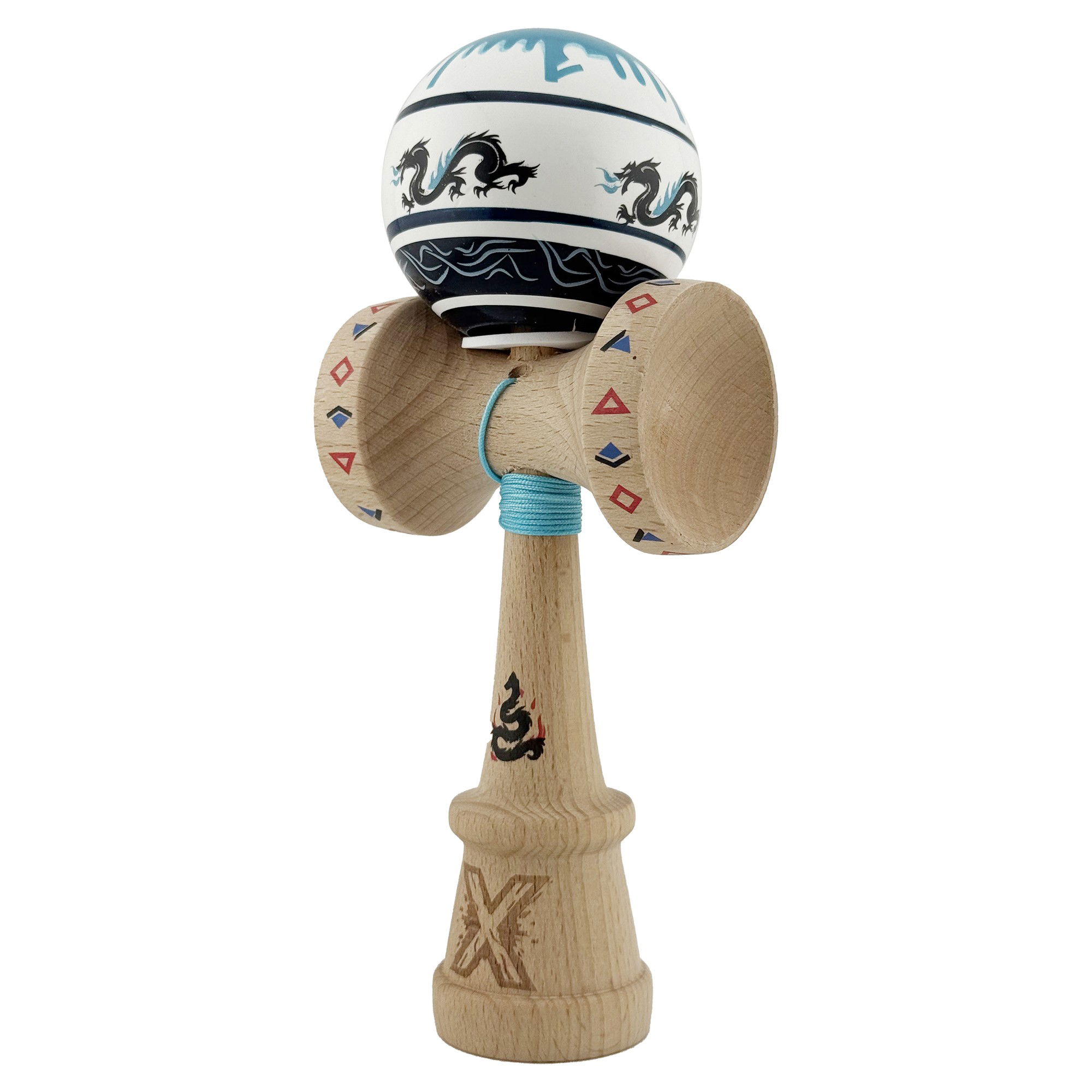 Kendama X Originala, Profesionala, Flippy, DRAGON Series, Super Sticky cu Cupe Mari King Size V3, Rulment Metalic si Gaura in Baza, din Lemn 18 cm, Ata 62/65 cm, Albastru/Negru [3]