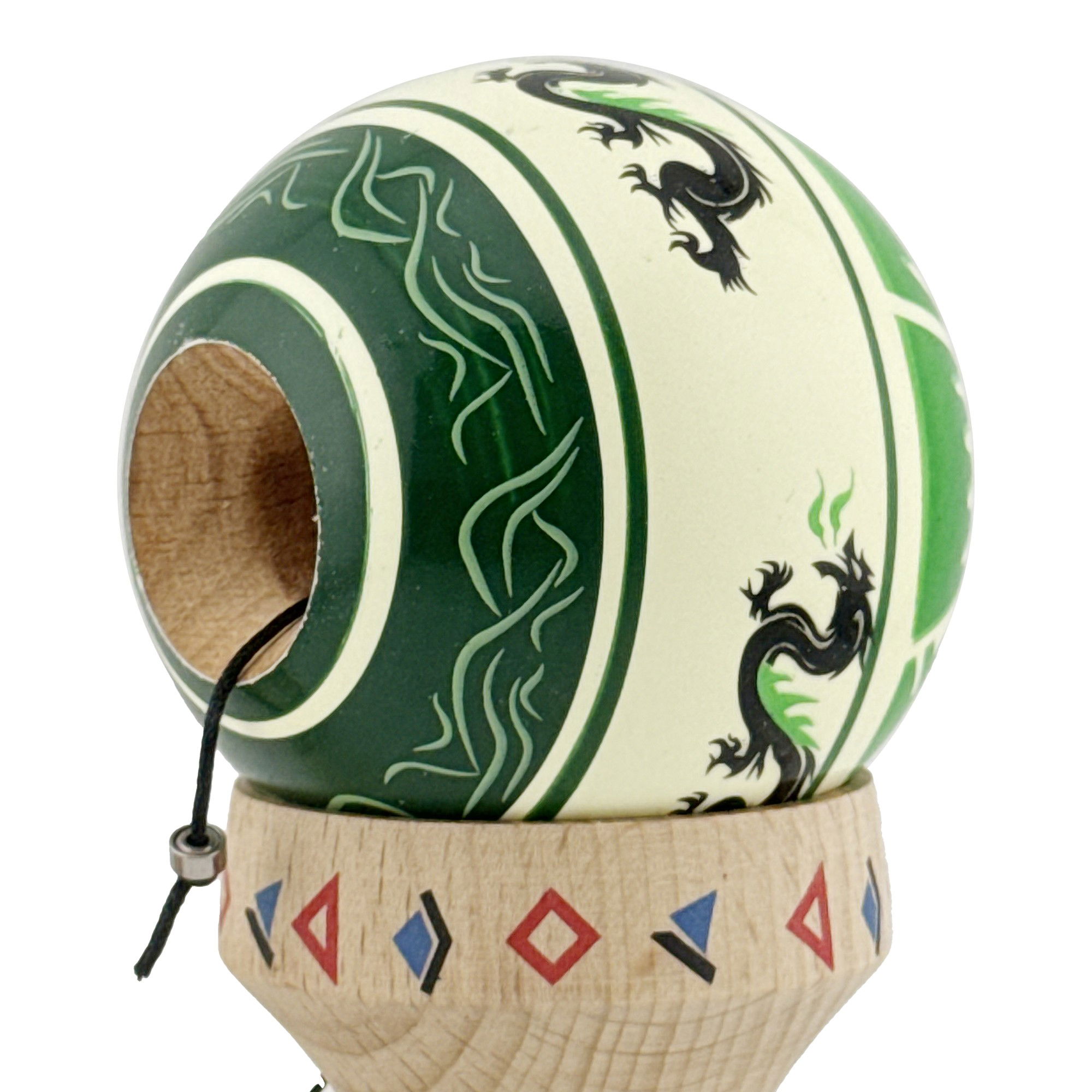 Kendama X Originala, Profesionala, Flippy, DRAGON Series, Super Sticky cu Cupe Mari King Size V3, Rulment Metalic si Gaura in Baza, din Lemn 18 cm, Ata 62/65 cm, Verde deschis/Negru [7]