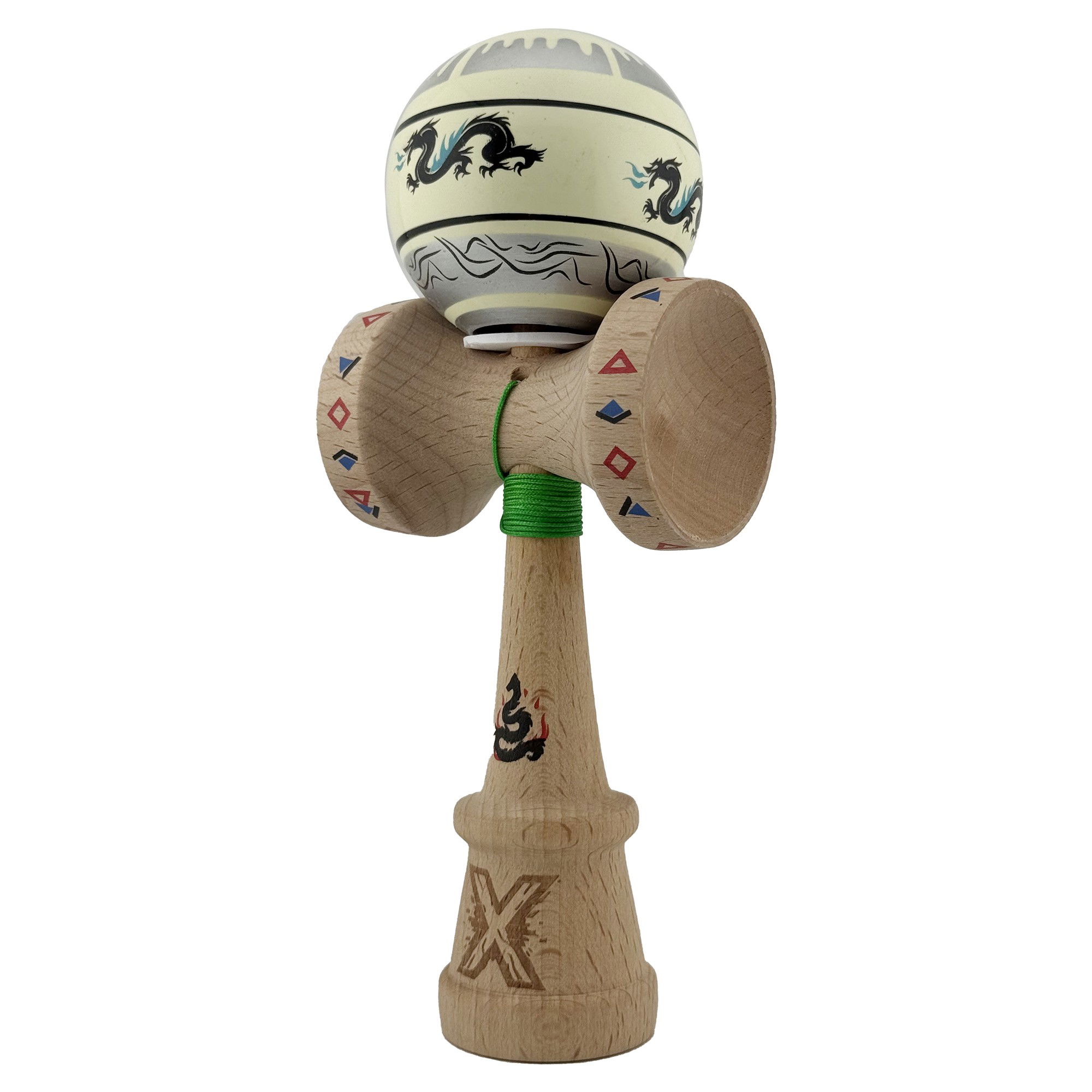 Kendama X Originala, Profesionala, Flippy, DRAGON Series, Super Sticky cu Cupe Mari King Size V3, Rulment Metalic si Gaura in Baza, din Lemn 18 cm, Ata 62/65 cm, Gri/Verde deschis [3]