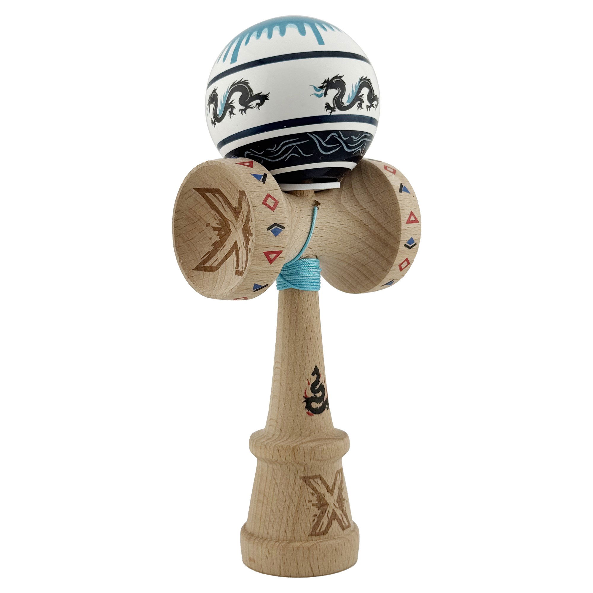 Kendama Dragon V3 Cupe Mari - Kendama X Originala, Profesionala, Flippy, DRAGON Series, Super Sticky cu Cupe Mari King Size V3, Rulment Metalic si Gaura in Baza, din Lemn 18 cm, Ata 62/65 cm, Albastru/Negru