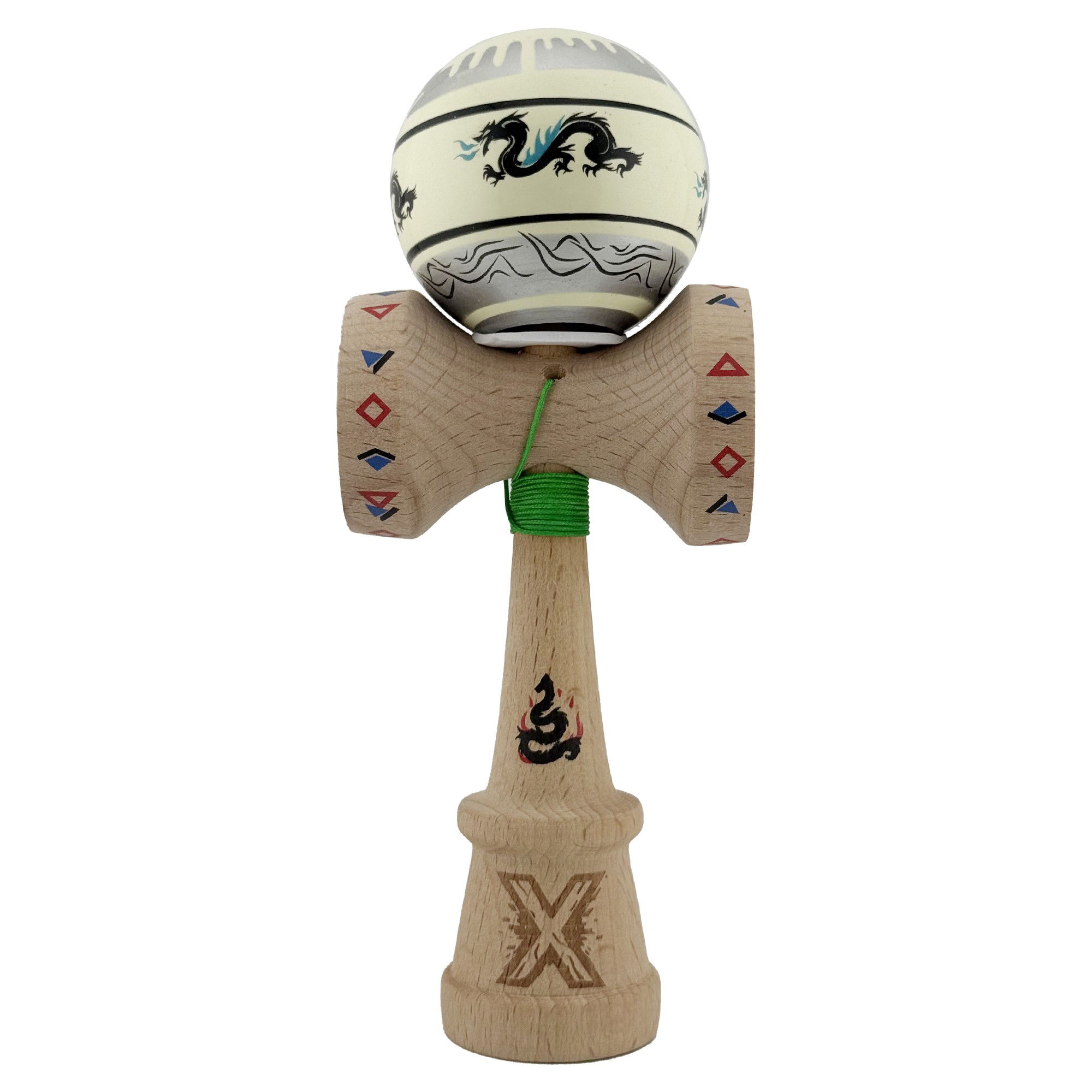 Kendama Dragon V3 Cupe Mari - Kendama X Originala, Profesionala, Flippy, DRAGON Series, Super Sticky cu Cupe Mari King Size V3, Rulment Metalic si Gaura in Baza, din Lemn 18 cm, Ata 62/65 cm, Gri/Verde deschis