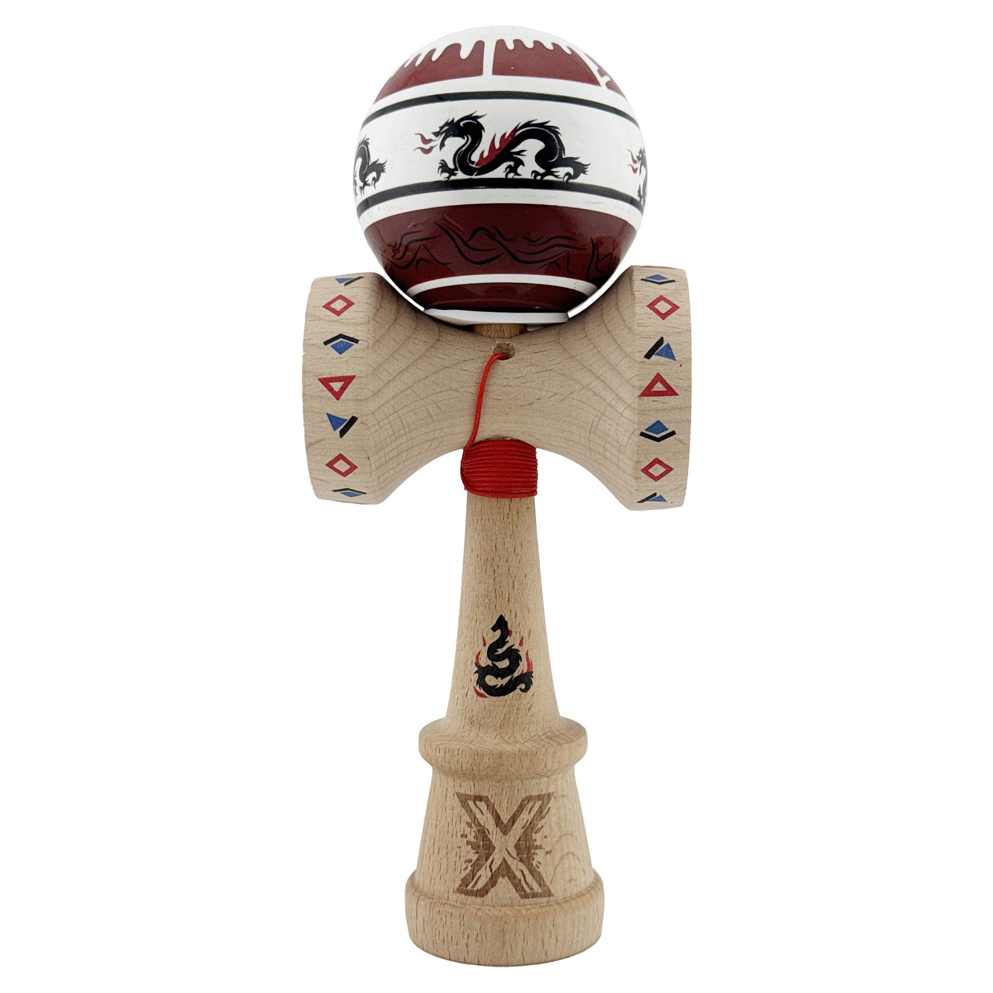 Kendama Dragon V3 Cupe Mari - Kendama X Originala, Profesionala, Flippy, DRAGON Series, Super Sticky cu Cupe Mari King Size V3, Rulment Metalic si Gaura in Baza, din Lemn 18 cm, Ata 62/65 cm, Alb/Rosu inchis