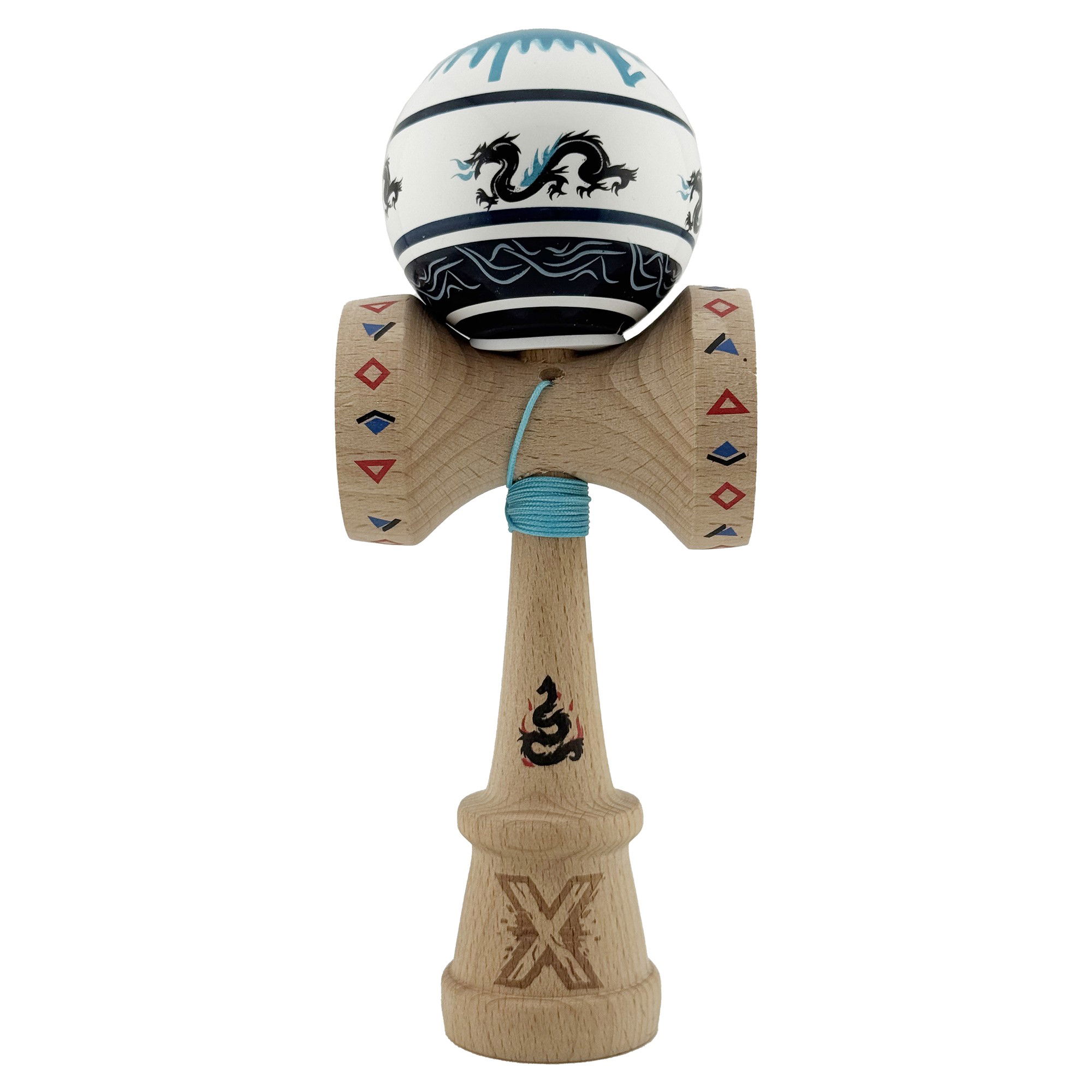 Kendama Dragon V3 Cupe Mari - Kendama X Originala, Profesionala, Flippy, DRAGON Series, Super Sticky cu Cupe Mari King Size V3, Rulment Metalic si Gaura in Baza, din Lemn 18 cm, Ata 62/65 cm, Albastru/Negru