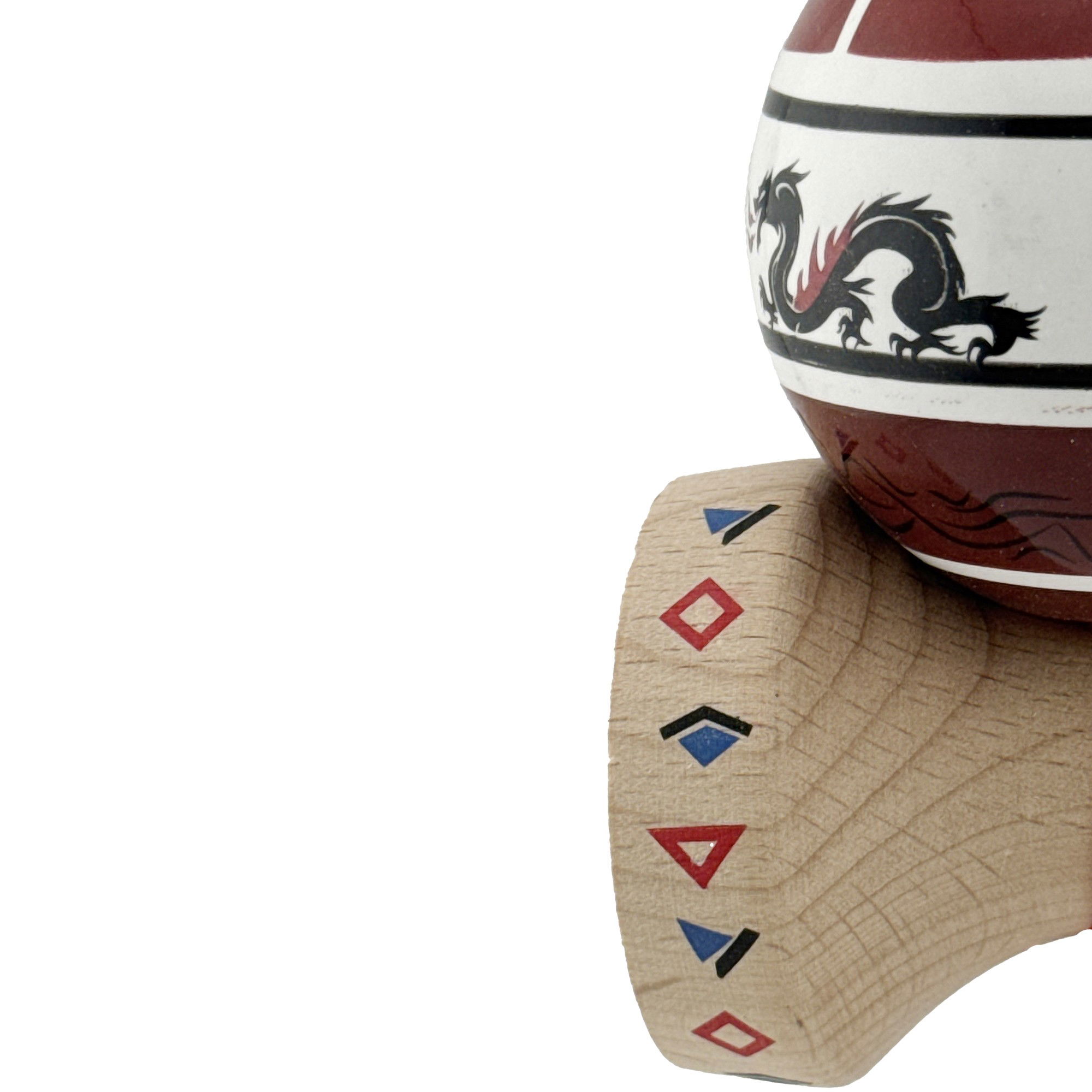 Kendama X Originala, Profesionala, Flippy, DRAGON Series, Super Sticky cu Cupe Mari King Size V3, Rulment Metalic si Gaura in Baza, din Lemn 18 cm, Ata 62/65 cm, Alb/Rosu inchis [8]