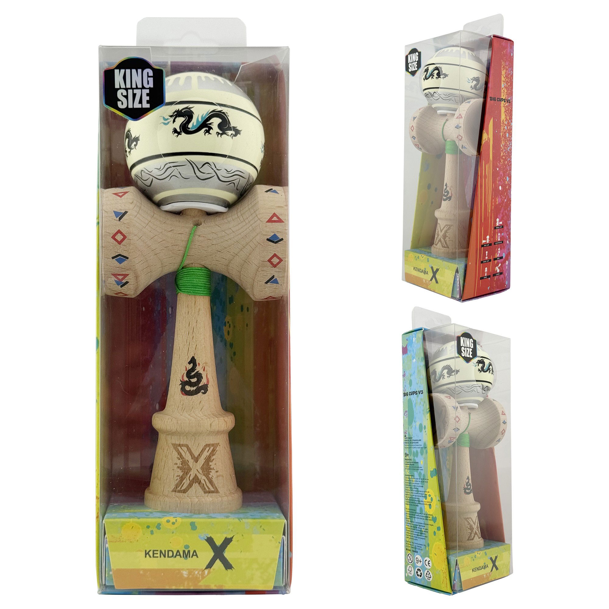 Kendama X Originala, Profesionala, Flippy, DRAGON Series, Super Sticky cu Cupe Mari King Size V3, Rulment Metalic si Gaura in Baza, din Lemn 18 cm, Ata 62/65 cm, Gri/Verde deschis [6]