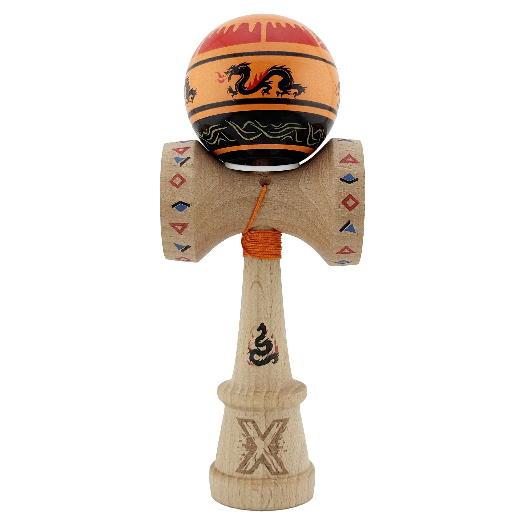 Kendama Dragon V3 Cupe Mari - Kendama X Originala, Profesionala, Flippy, DRAGON Series, Super Sticky cu Cupe Mari King Size V3, Rulment Metalic si Gaura in Baza, din Lemn 18 cm, Ata 62/65 cm, Portocaliu/Negru