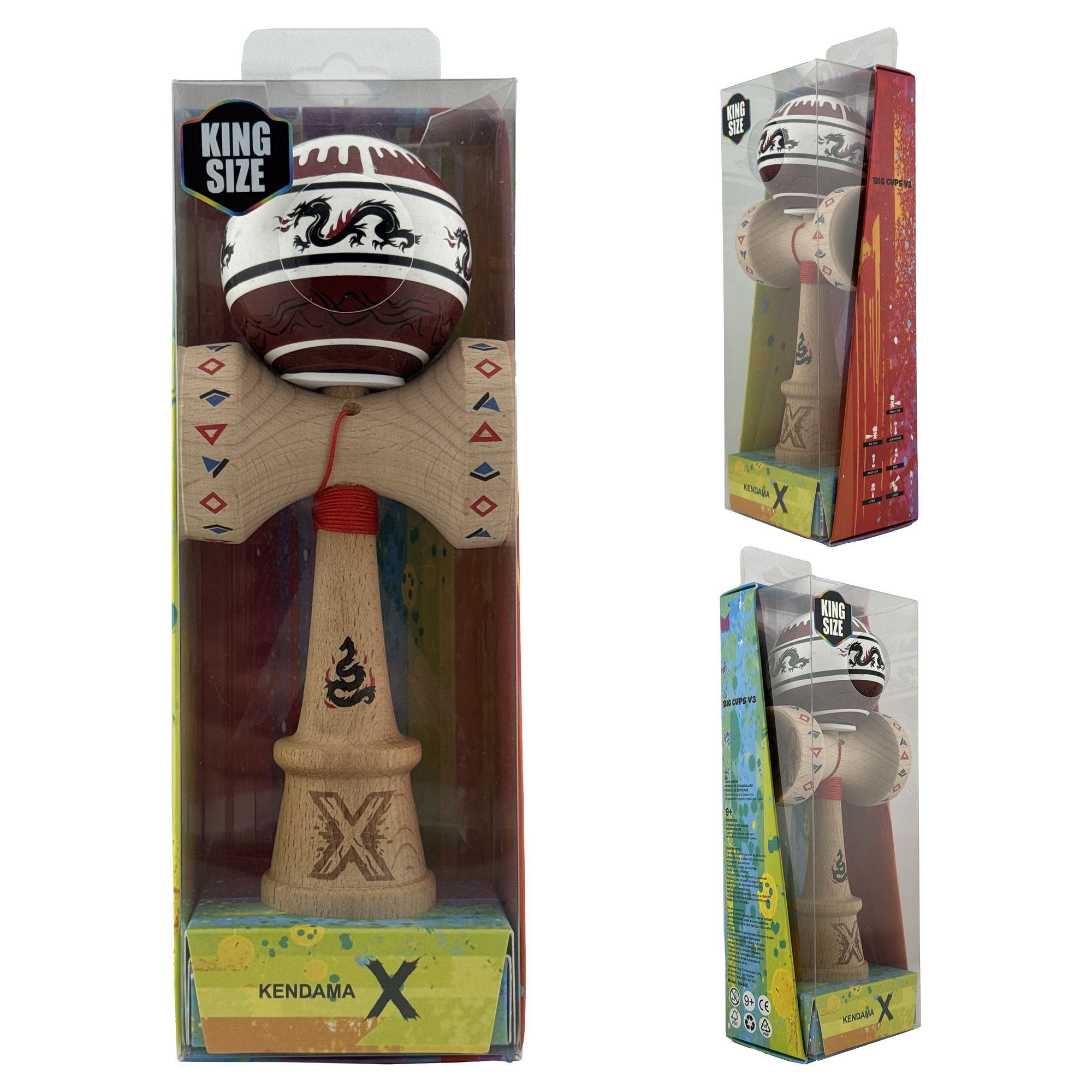 Kendama X Originala, Profesionala, Flippy, DRAGON Series, Super Sticky cu Cupe Mari King Size V3, Rulment Metalic si Gaura in Baza, din Lemn 18 cm, Ata 62/65 cm, Alb/Rosu inchis [6]