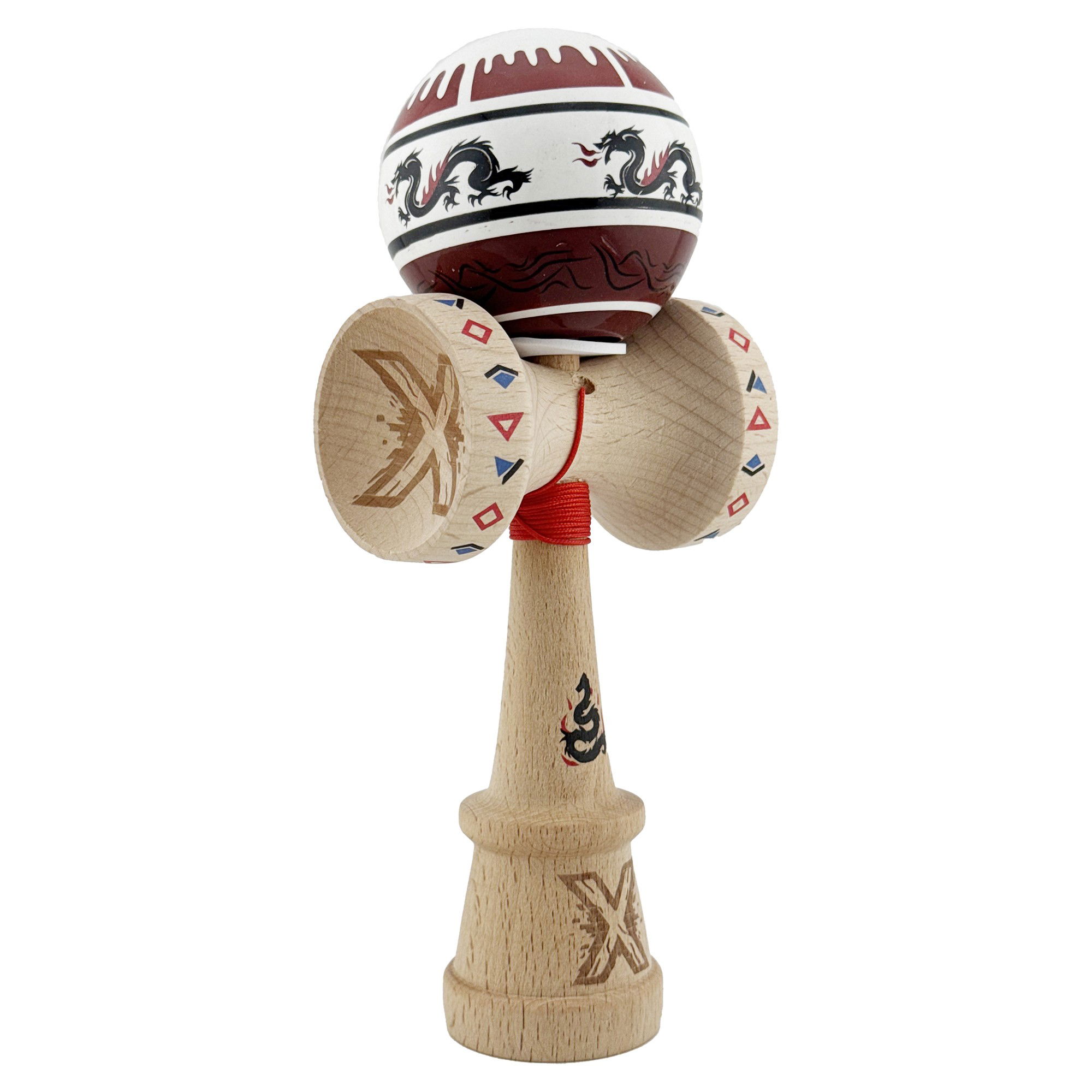 Kendama Dragon V3 Cupe Mari - Kendama X Originala, Profesionala, Flippy, DRAGON Series, Super Sticky cu Cupe Mari King Size V3, Rulment Metalic si Gaura in Baza, din Lemn 18 cm, Ata 62/65 cm, Alb/Rosu inchis