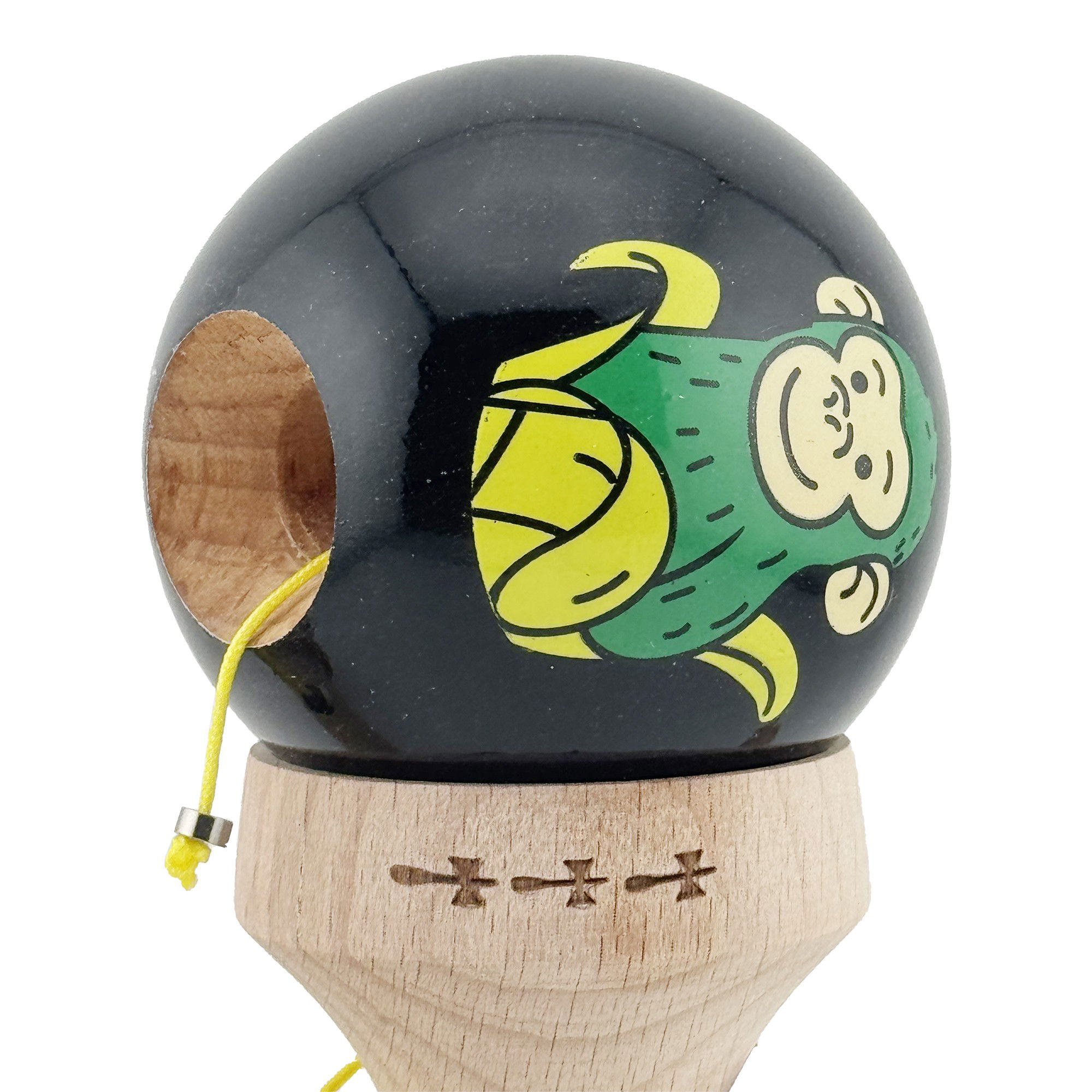 Kendama X Originala, Profesionala, Flippy, Green Monkey, Super Sticky cu Cupe Mari King Size V3, Rulment Metalic si Gaura in Baza, din Lemn 18 cm, Ata 62/65 cm, Negru [7]