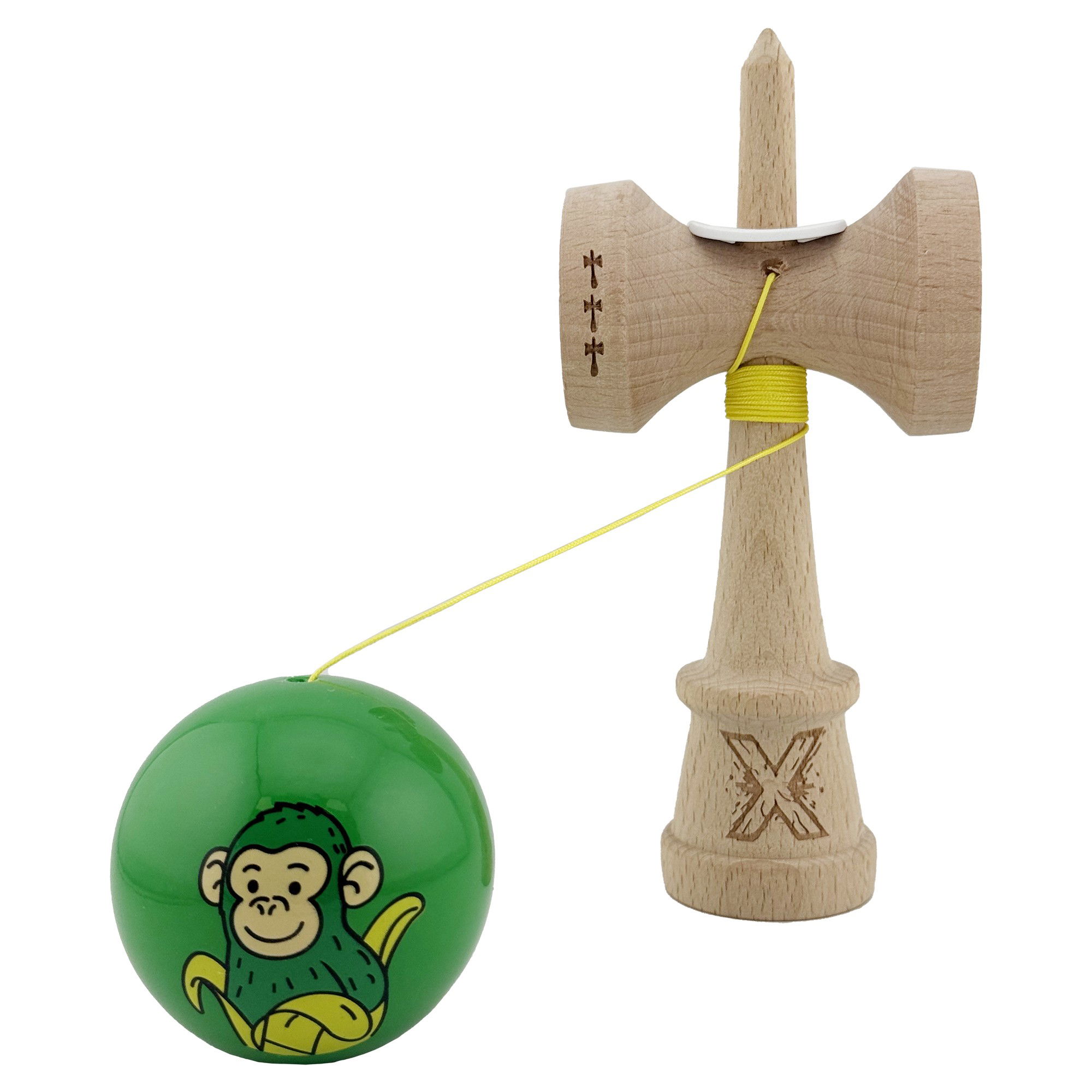 Kendama X Originala, Profesionala, Flippy, Green Monkey, Super Sticky cu Cupe Mari King Size V3, Rulment Metalic si Gaura in Baza, din Lemn 18 cm, Ata 62/65 cm, Verde [4]