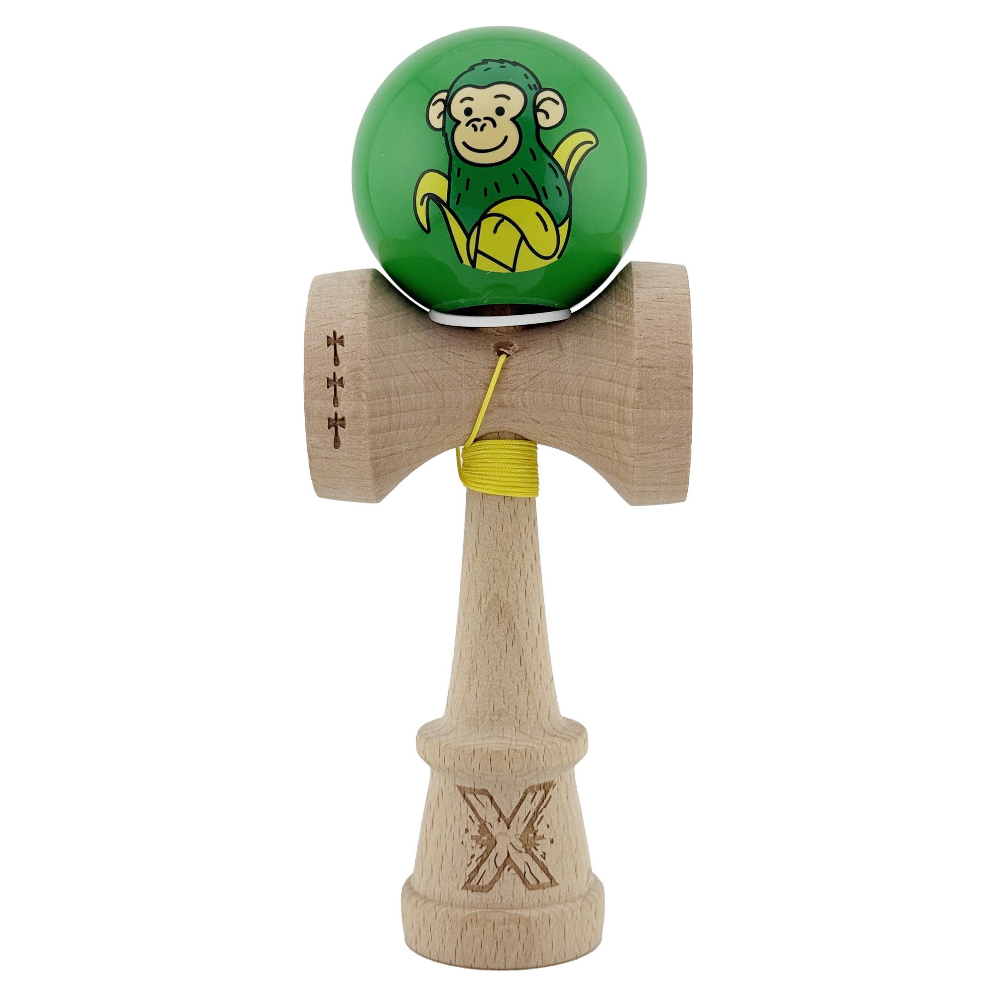 Kendama Monkey V3 Cupe Mari - Kendama X Originala, Profesionala, Flippy, Green Monkey, Super Sticky cu Cupe Mari King Size V3, Rulment Metalic si Gaura in Baza, din Lemn 18 cm, Ata 62/65 cm, Verde