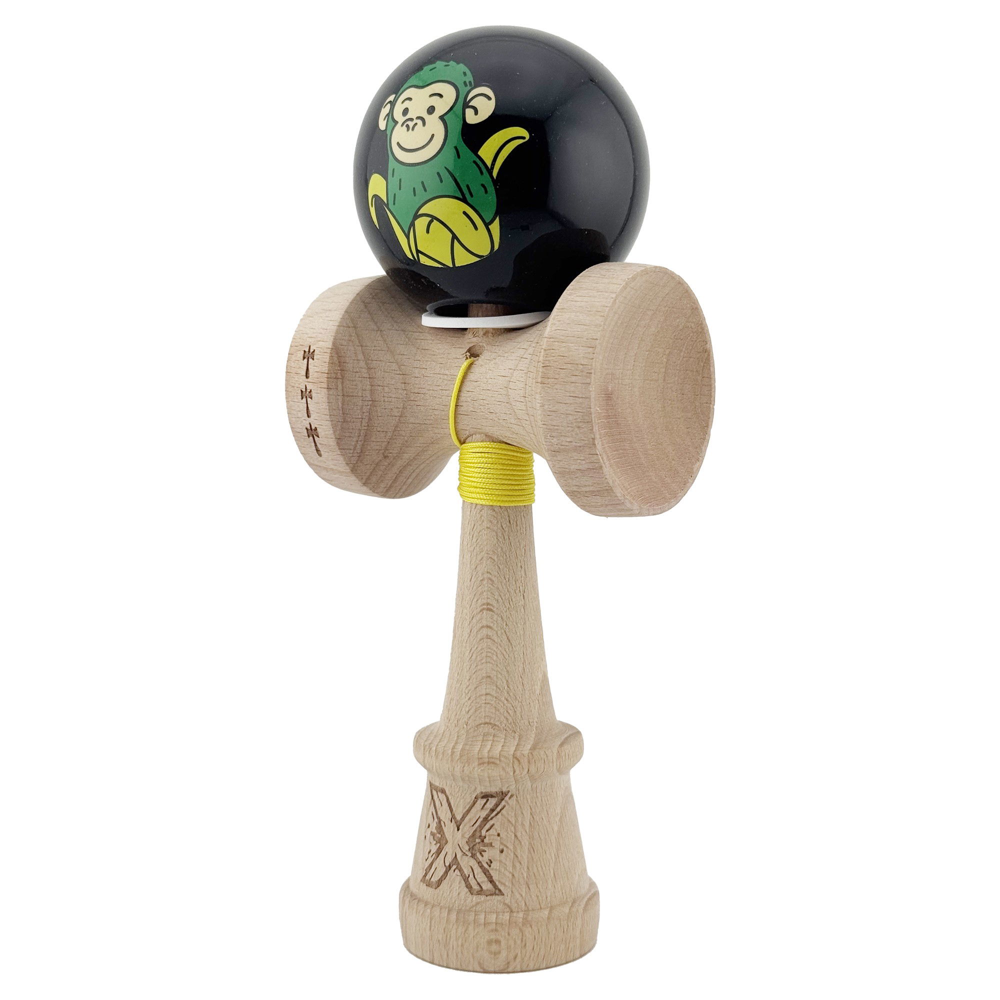 Kendama X Originala, Profesionala, Flippy, Green Monkey, Super Sticky cu Cupe Mari King Size V3, Rulment Metalic si Gaura in Baza, din Lemn 18 cm, Ata 62/65 cm, Negru [3]