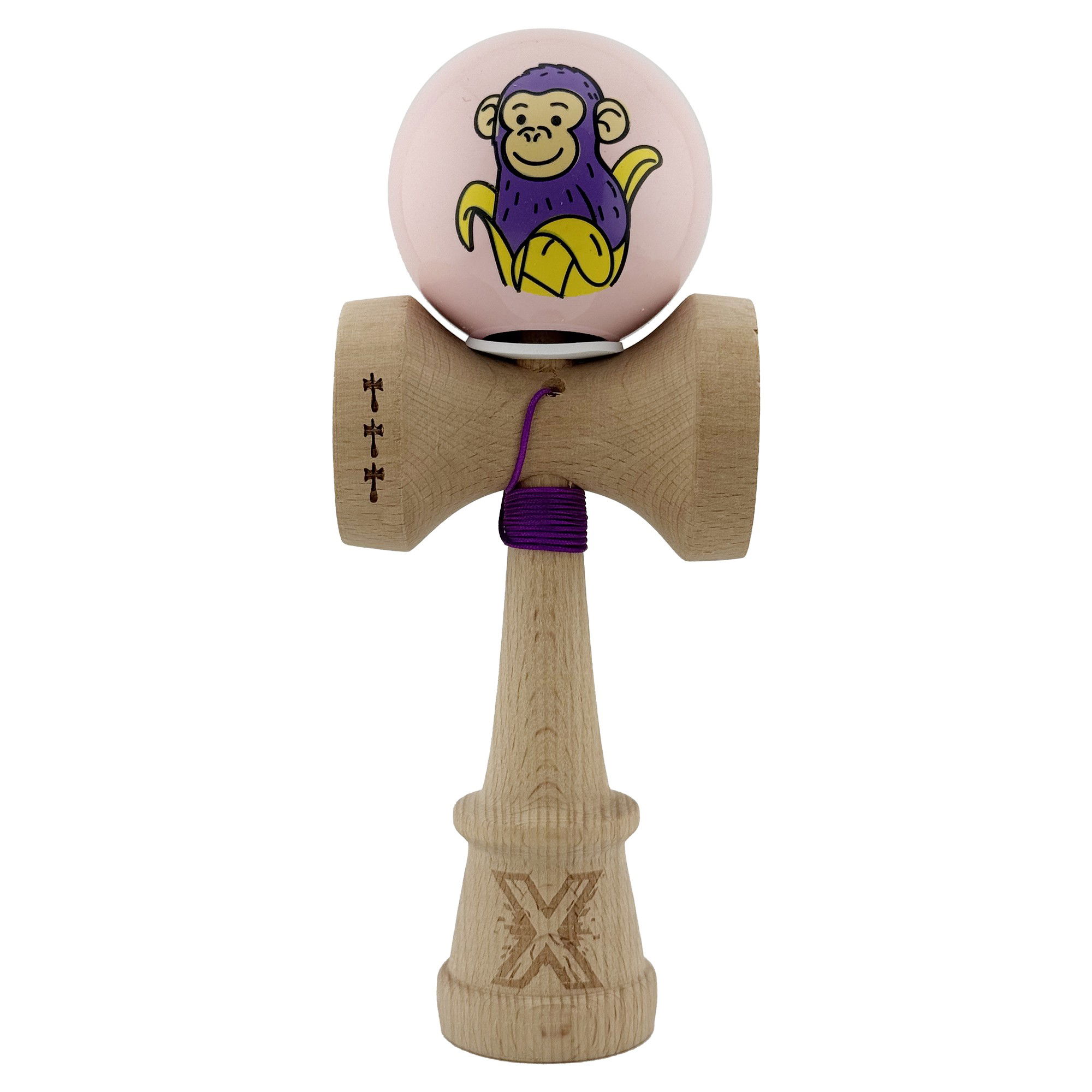 Kendama Monkey V3 Cupe Mari - Kendama X Originala, Profesionala, Flippy, Violet Monkey, Super Sticky cu Cupe Mari King Size V3, Rulment Metalic si Gaura in Baza, din Lemn 18 cm, Ata 62/65 cm, Roz