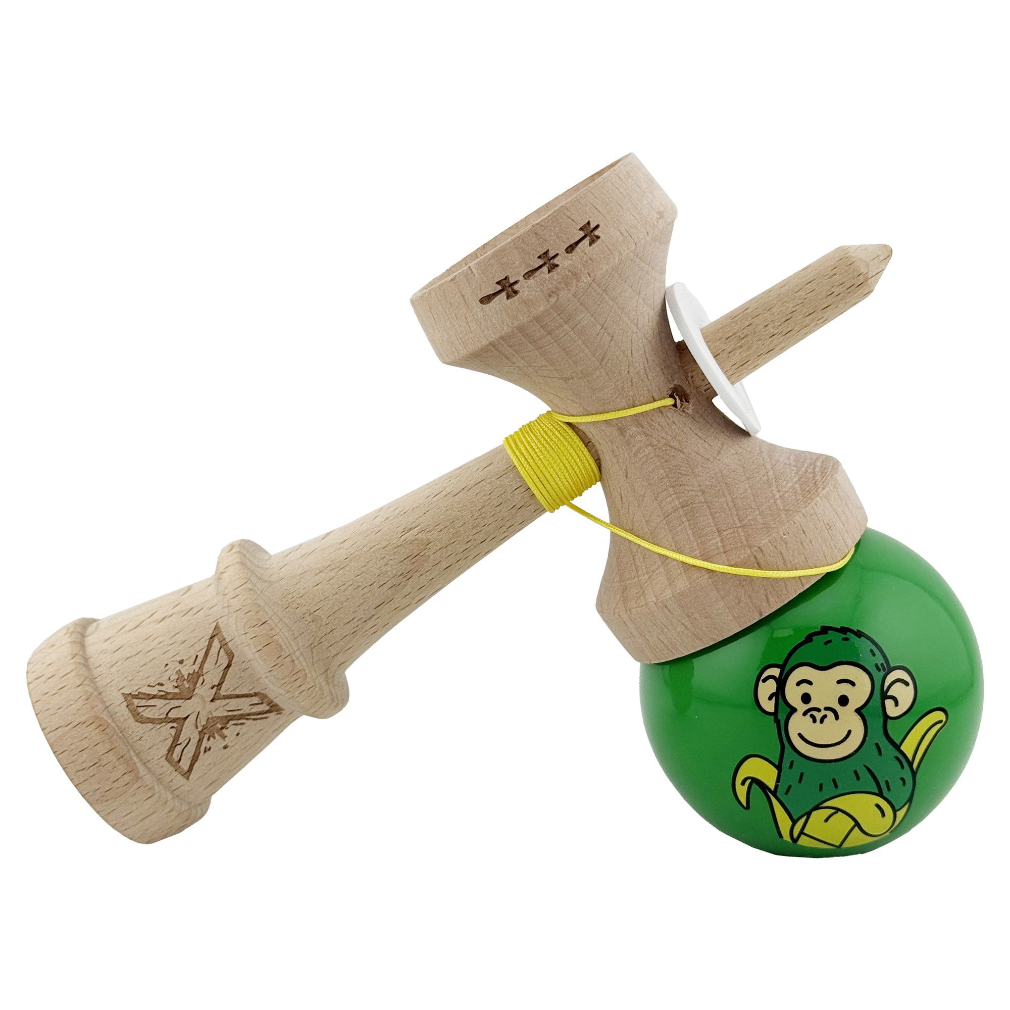 Kendama X Originala, Profesionala, Flippy, Green Monkey, Super Sticky cu Cupe Mari King Size V3, Rulment Metalic si Gaura in Baza, din Lemn 18 cm, Ata 62/65 cm, Verde [5]