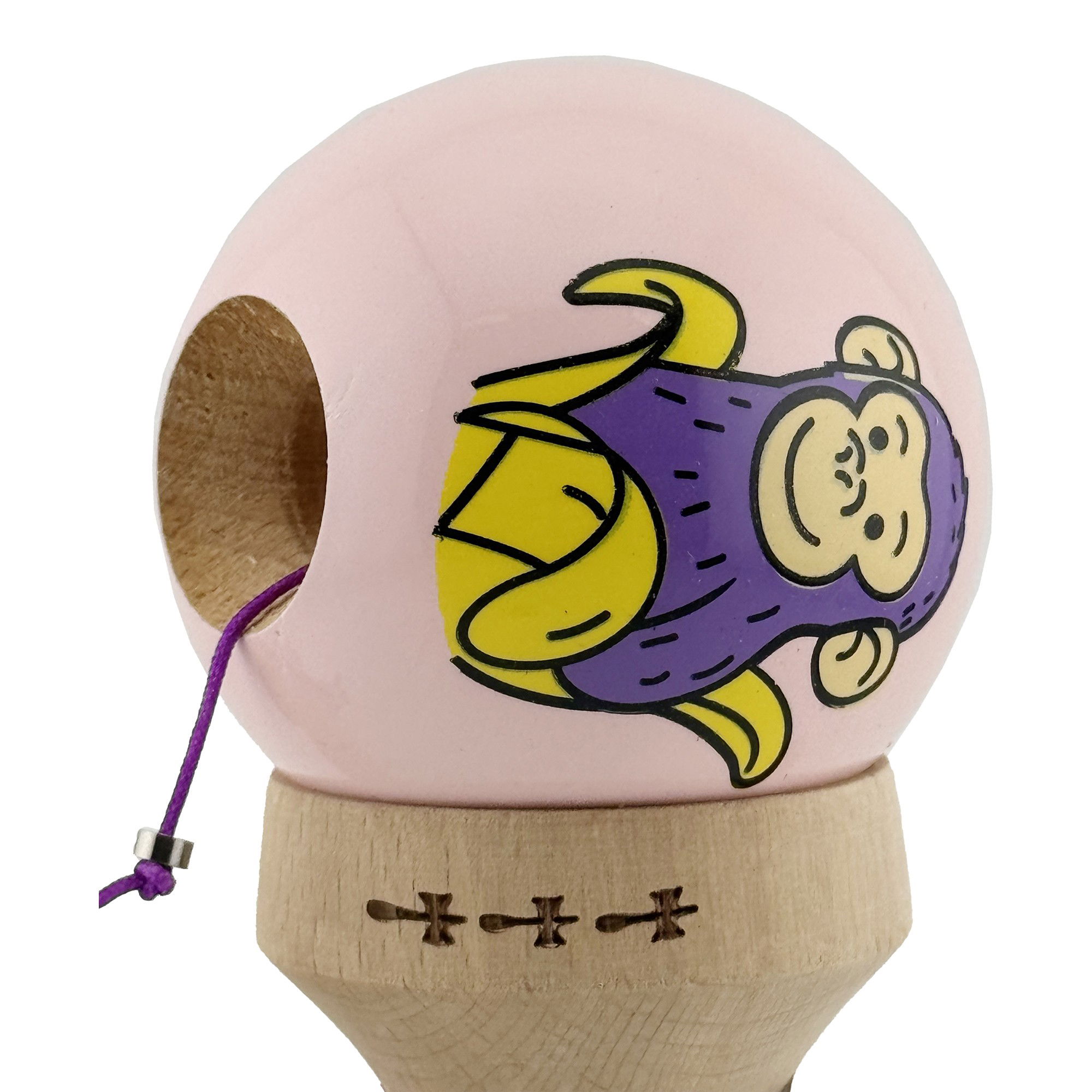 Kendama X Originala, Profesionala, Flippy, Violet Monkey, Super Sticky cu Cupe Mari King Size V3, Rulment Metalic si Gaura in Baza, din Lemn 18 cm, Ata 62/65 cm, Roz [7]